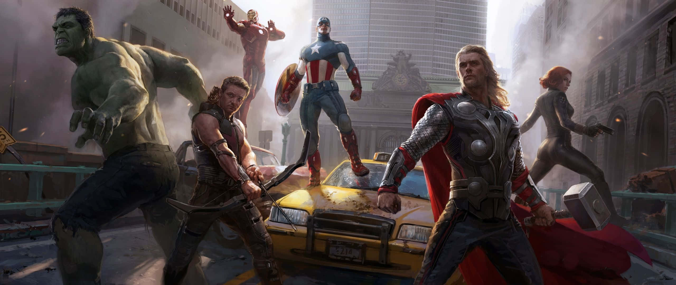 桌布 壁紙 — Marvel 超級英雄在城市廢墟中戰鬥，一輛黃色計程車被踩在腳下。