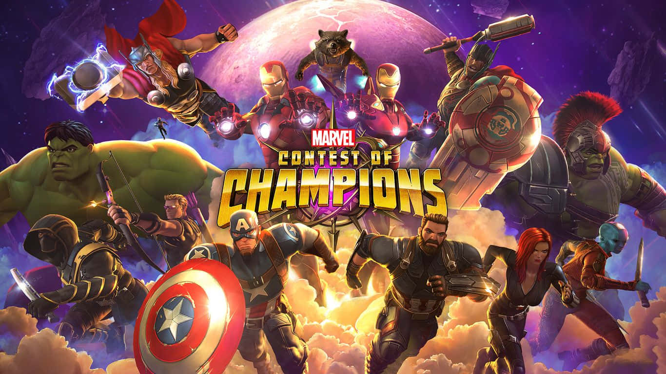 1366x768 Marvel 桌布 壁紙 — Marvel 超級英雄在宇宙背景下與巨大的月亮和發光的雲朵動態戰鬥。