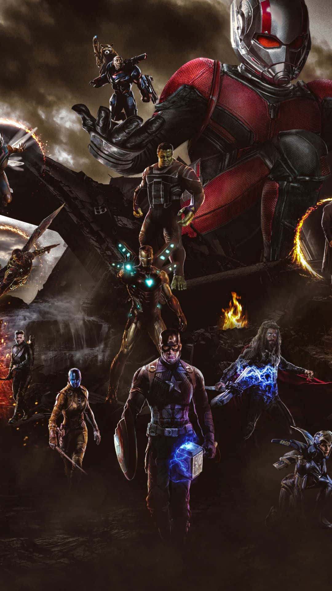 Avengers Endgame iPhone 桌布 壁紙 — Marvel 超級英雄在暴風雨戰場上以動態姿勢集結，伴隨著發光的能量效果。