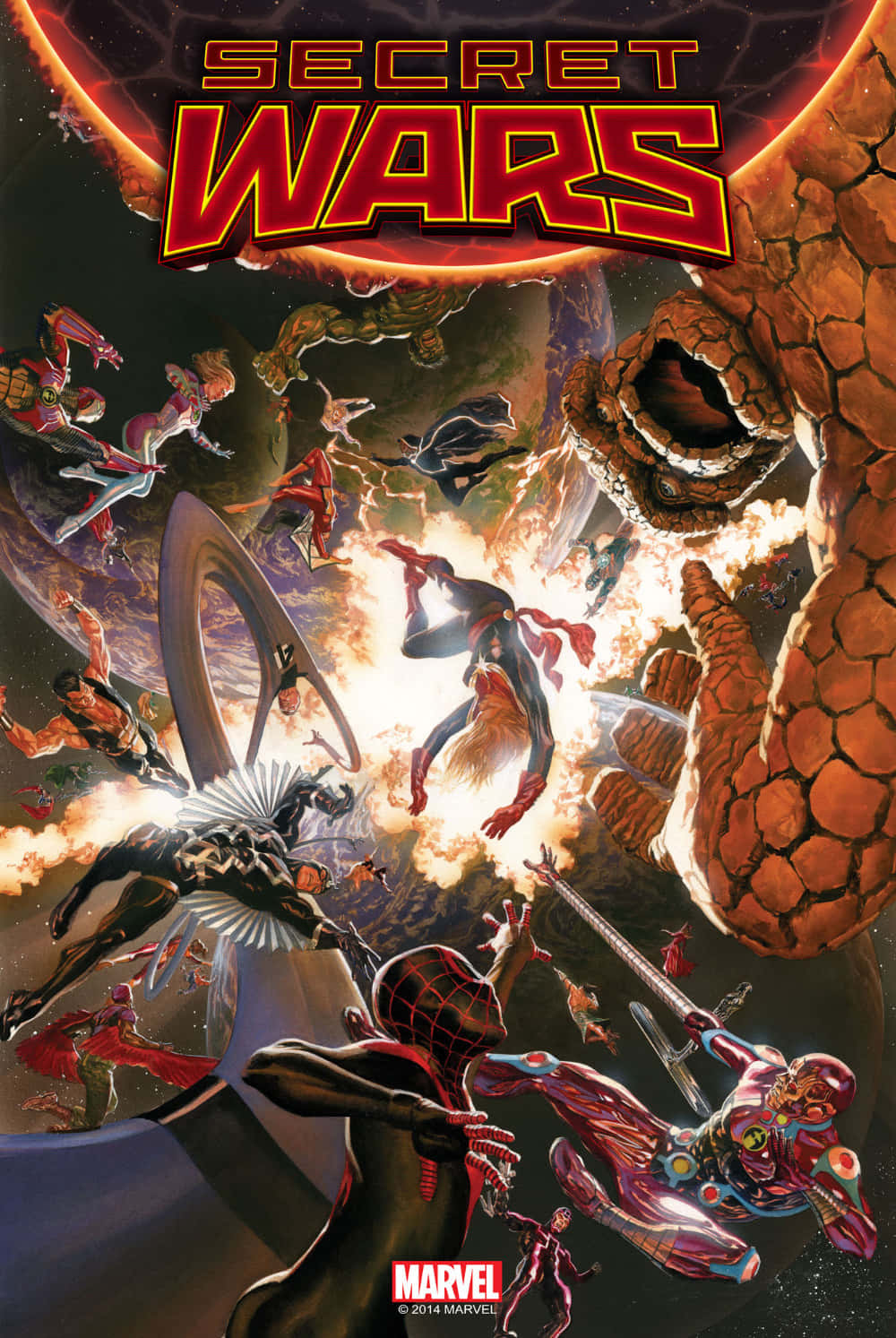 Secret Wars 桌布 壁紙 — Marvel 超級英雄在熾熱行星下的宇宙爆炸中戰鬥，標題為 Secret Wars。