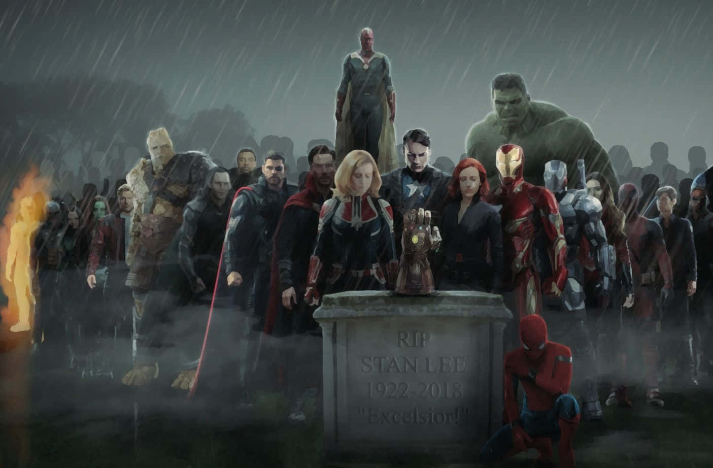 Stan Lee Tribute 桌布 壁紙 — Marvel 超級英雄在雨中莊嚴地站在 Stan Lee 的墓前，石頭上刻有「RIP Stan Lee 1922-2018」。