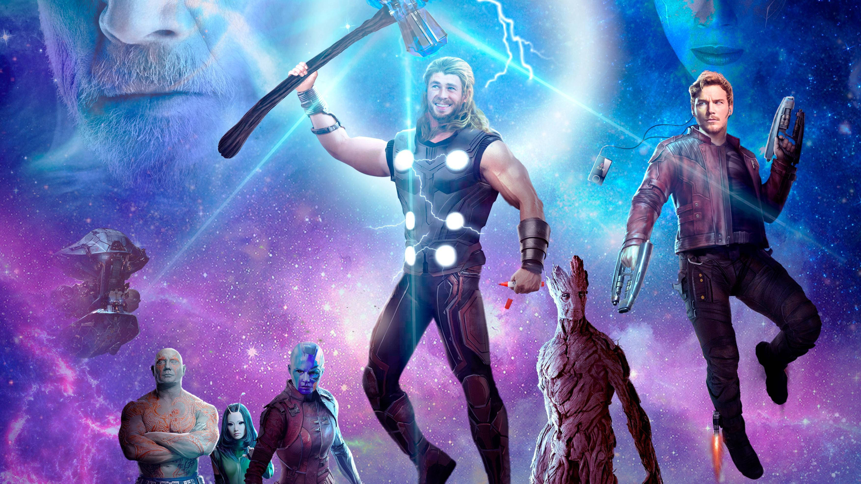 4K Guardians Of The Galaxy 桌布 壁紙 — Marvel 超級英雄如 Thor 和 Star-Lord 在宇宙星雲背景前英勇站立，帶有發光能量效果。