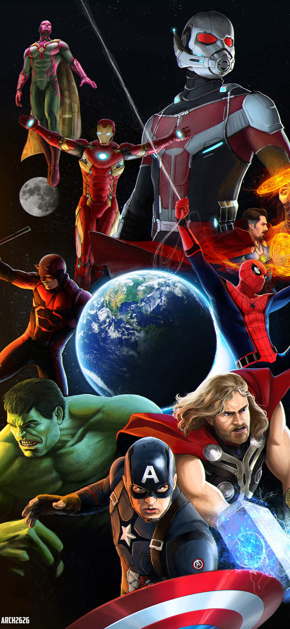 Mcu 桌布 壁紙 — Marvel 超級英雄如蟻人、鋼鐵人和美國隊長在星光宇宙背景下圍繞發光的地球動態擺姿勢。