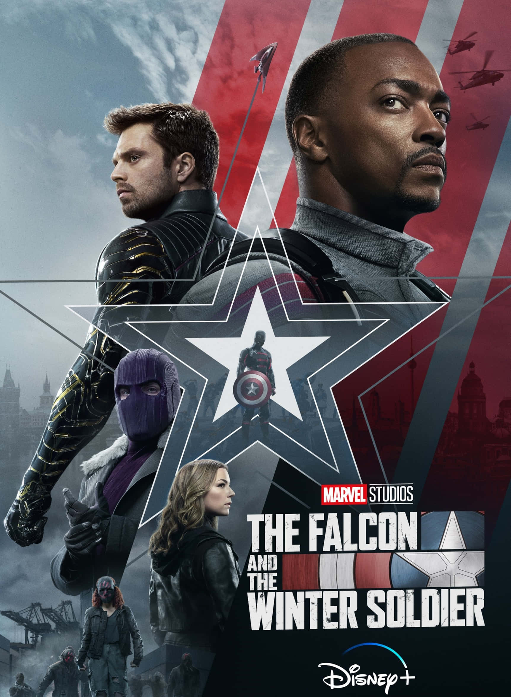 the falcon and the winter soldier 桌布 壁紙 — Marvel 超級英雄海報，展示獵鷹與酷寒戰士，美國隊長的盾牌以星星圖形呈現，背景為城市。