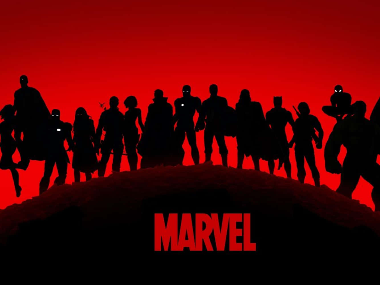 Avengers Laptop 桌布 壁紙 — Marvel 超級英雄的剪影團結地站在山丘上，背景是火紅的天空，下方是醒目的紅色Marvel標誌。