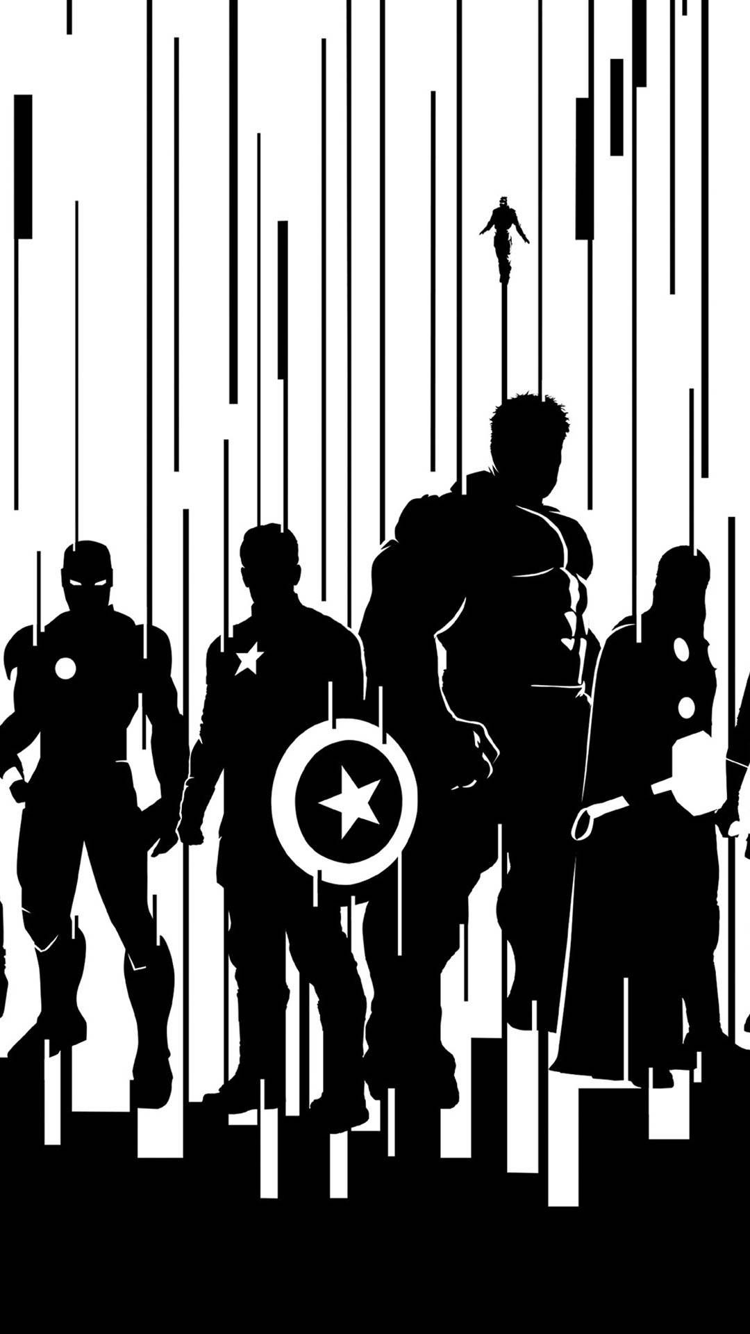 復仇者聯盟 桌布 壁紙 — Marvel 超級英雄的剪影站在鮮明的黑白背景上，帶有垂直條紋和上方飛翔的人物。