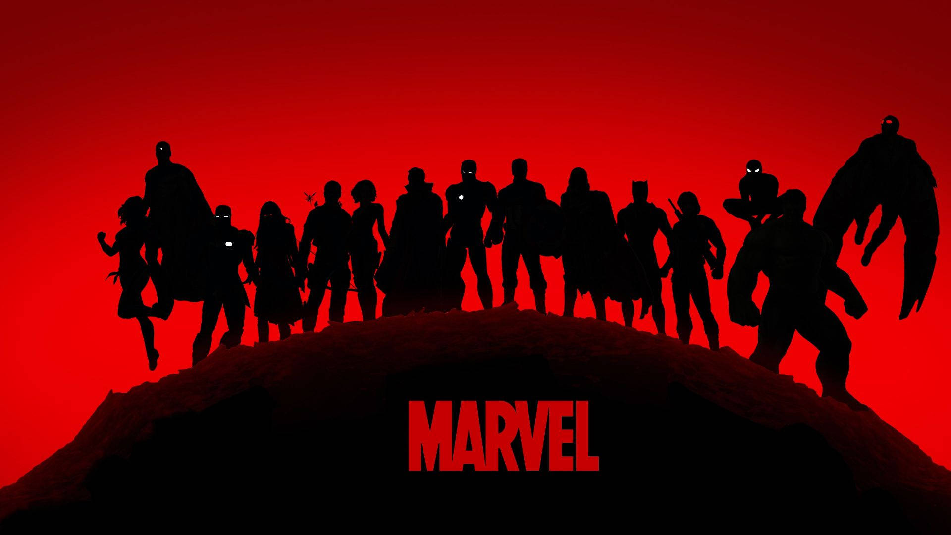 復仇者聯盟 桌布 壁紙 — Marvel 超級英雄的剪影站在山丘上，背景是鮮紅色的天空，下方是 Marvel 標誌。
