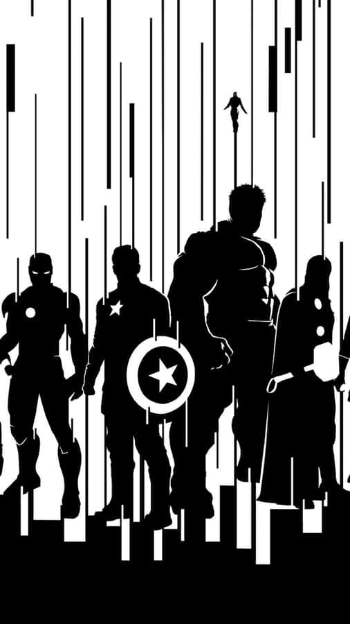 Marvel Black And White 桌布 壁紙 — Marvel 超級英雄的剪影站在黑白背景前，帶有垂直條紋和上方飛翔的人物。
