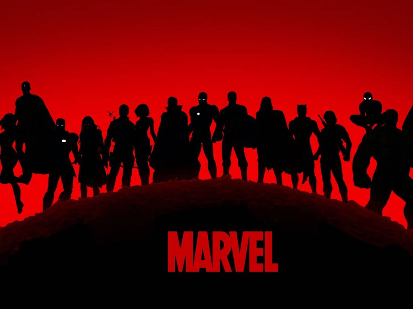 復仇者聯盟 桌布 壁紙 — Marvel 超級英雄的剪影站在山丘上，映襯著鮮紅色的天空，下方有 Marvel 標誌。