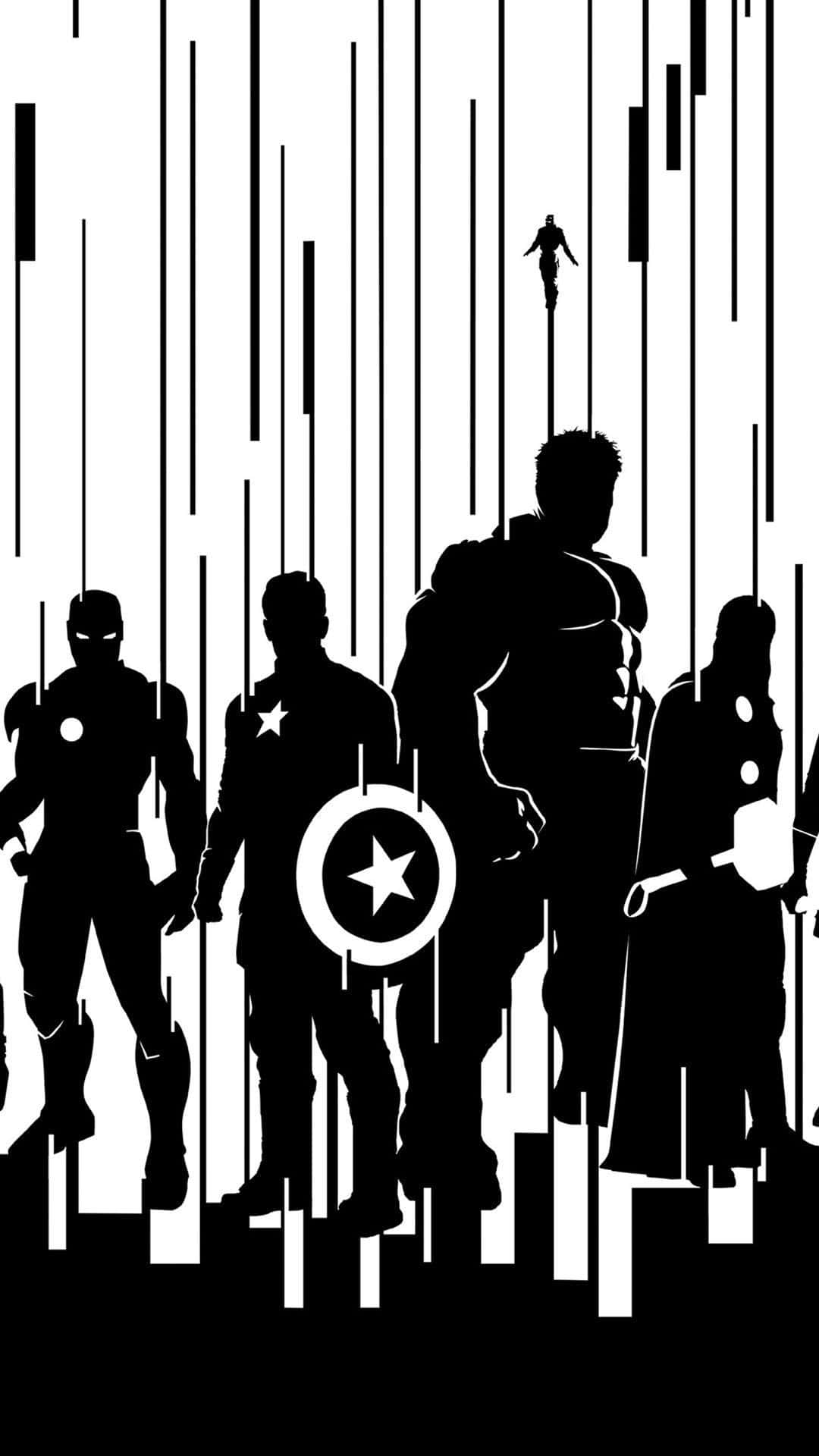 漫威 桌布 壁紙 — Marvel 超級英雄的剪影站在一個帶有垂直條紋和上方飛行人物的黑白背景前。