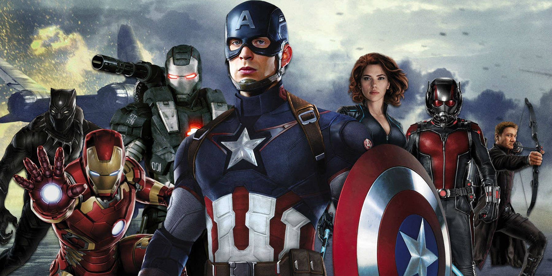  壁紙 — Marvel 超級英雄的英勇陣容，包括美國隊長、鋼鐵人、黑豹和黑寡婦，準備在暴風雨背景下作戰。
