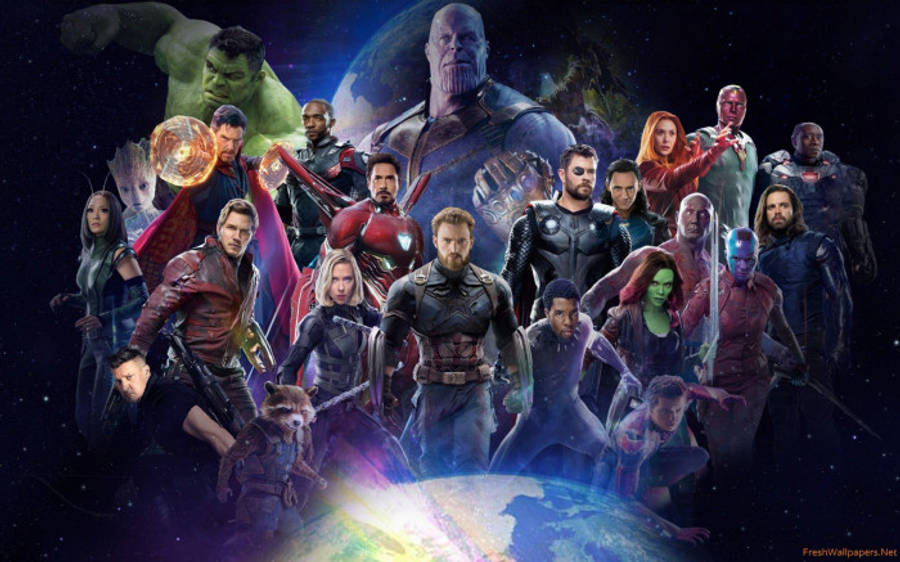 薩諾斯 桌布 壁紙 — Marvel 超級英雄與反派在星空宇宙背景下，地球在下方的宇宙集會。
