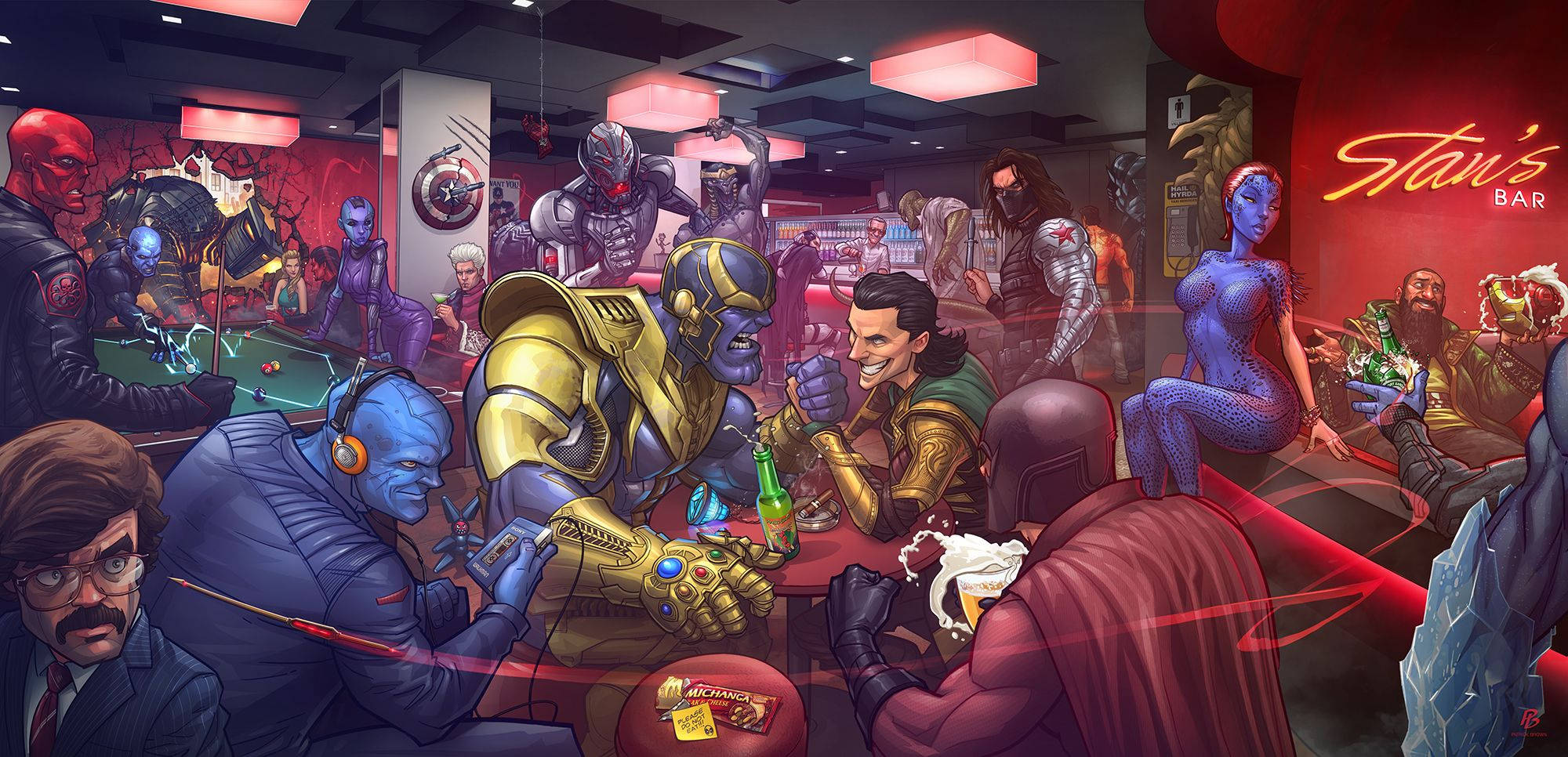 Villains 桌布 壁紙 — Marvel 超級英雄與反派聚集在霓虹燈酒吧，度過一個混亂的社交之夜，有撞球桌和飲料。