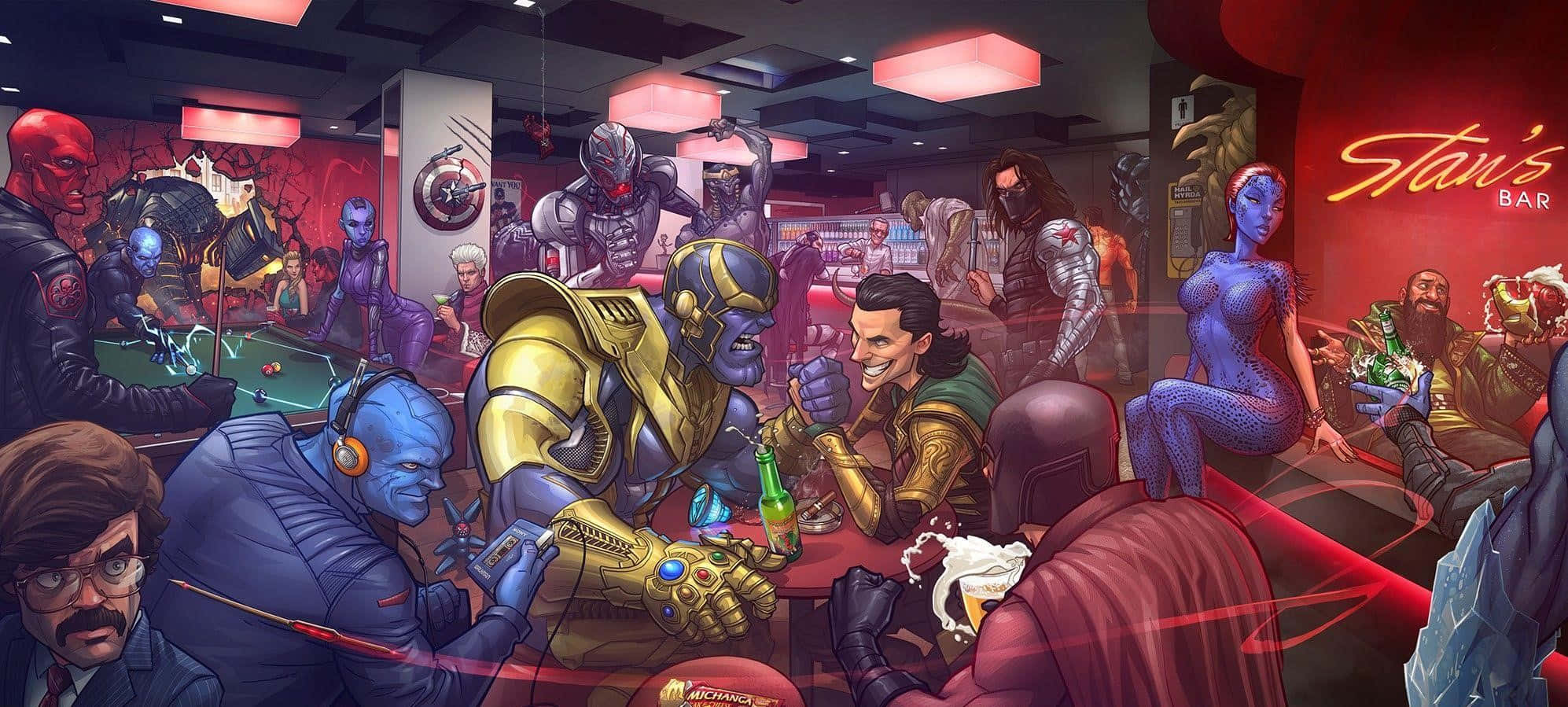 Marvel Universe 桌布 壁紙 — Marvel 超級英雄與反派聚集在霓虹燈酒吧，進行一場混亂的社交場景，有撞球桌和發光飲料。