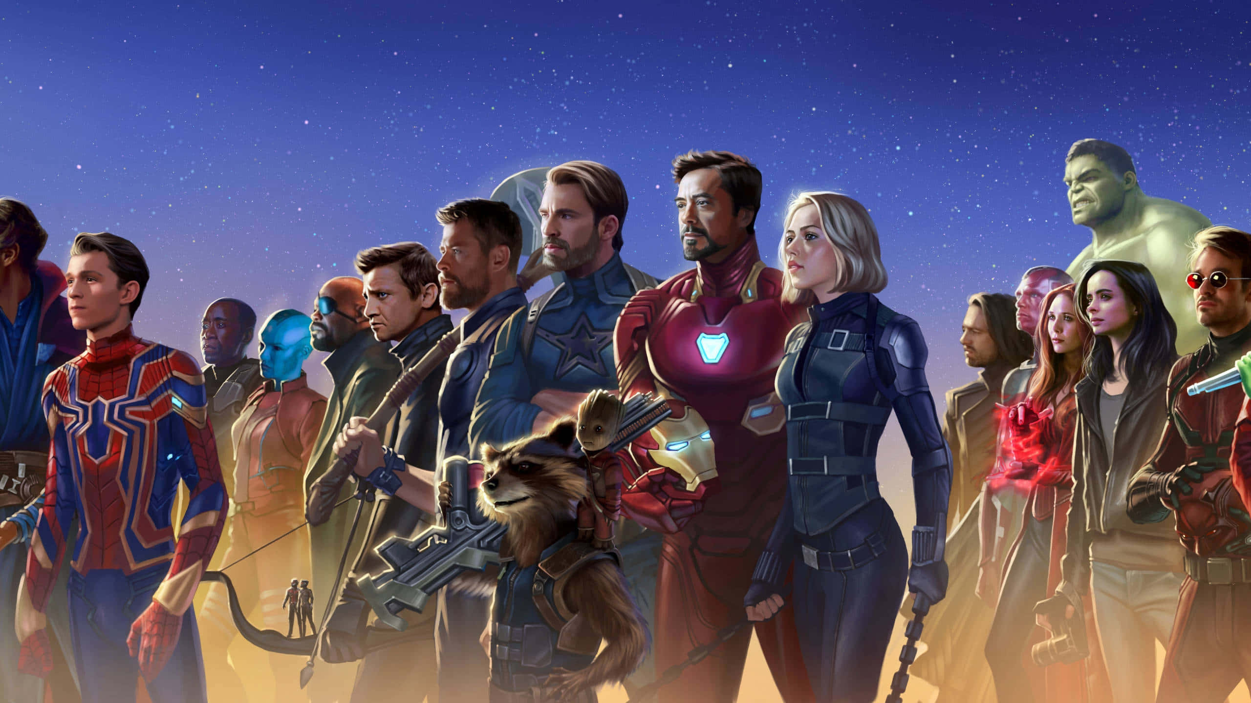 Mcu 桌布 壁紙 — Marvel 超級英雄與盟友的英雄陣容，在繁星點點的暮色天空下團結一致，散發著決心與團結。