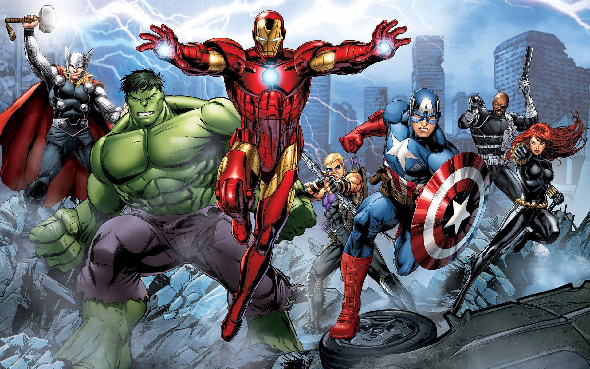 Marvel Avengers 桌布 壁紙 — Marvel 超級英雄鋼鐵人、浩克、索爾、美國隊長、黑寡婦等人在暴風雨天空下的破碎城市景觀中準備戰鬥。