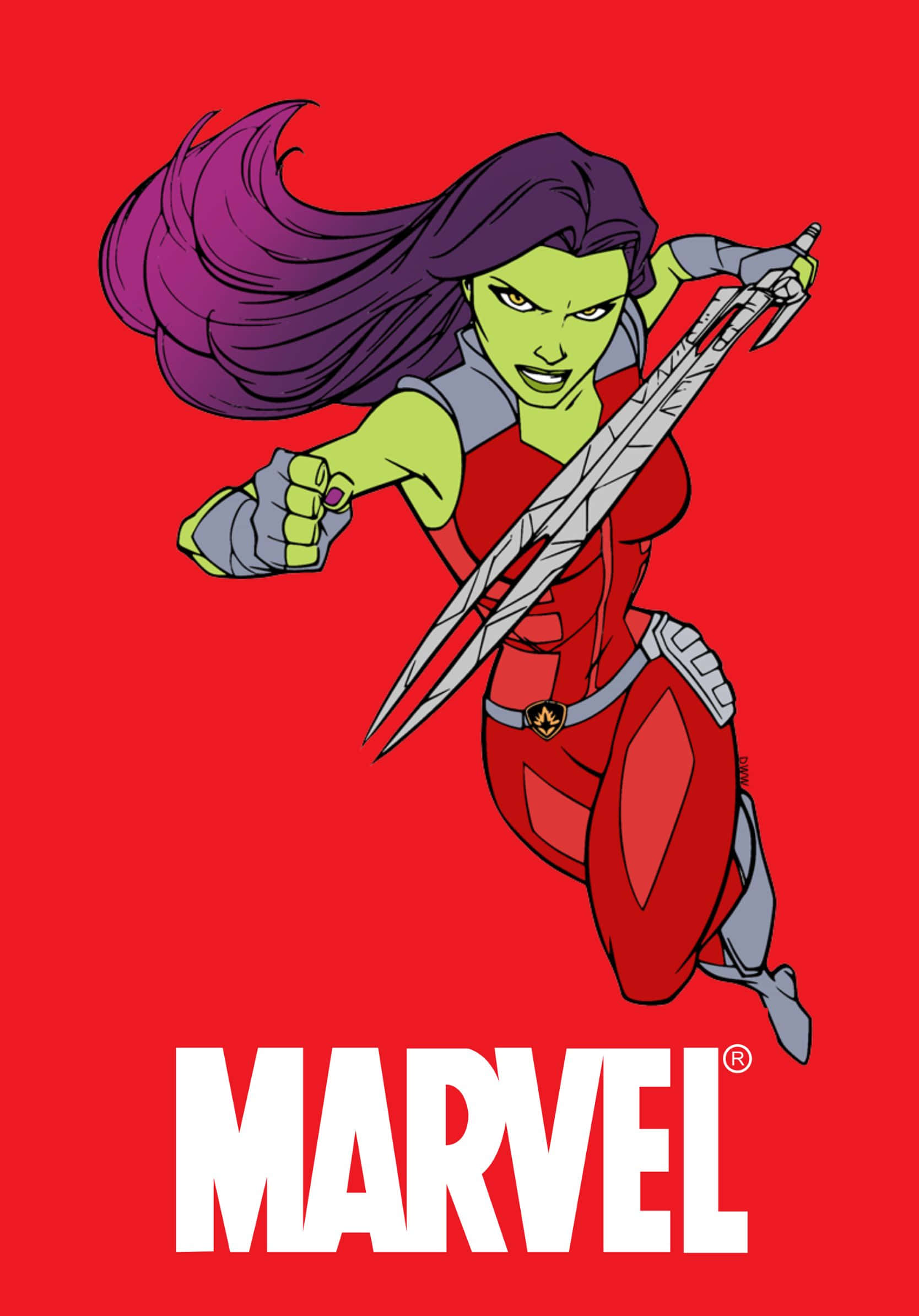 Best Marvel 桌布 壁紙 — Marvel漫畫中的葛摩菈在鮮紅色背景前手持雙刃向前躍進。