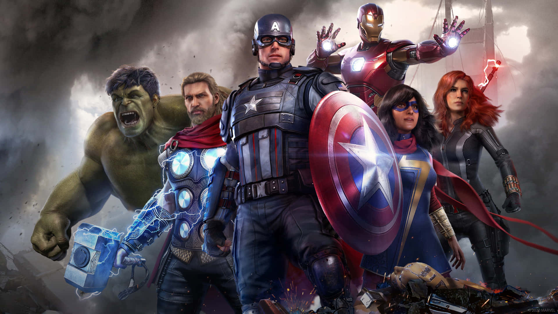 Cool Ps4 Profile 桌布 壁紙 — Marvel超級英雄，包括美國隊長、浩克、索爾、鋼鐵人、黑寡婦和緋紅女巫，在戲劇性的暴風雨場景中準備戰鬥。