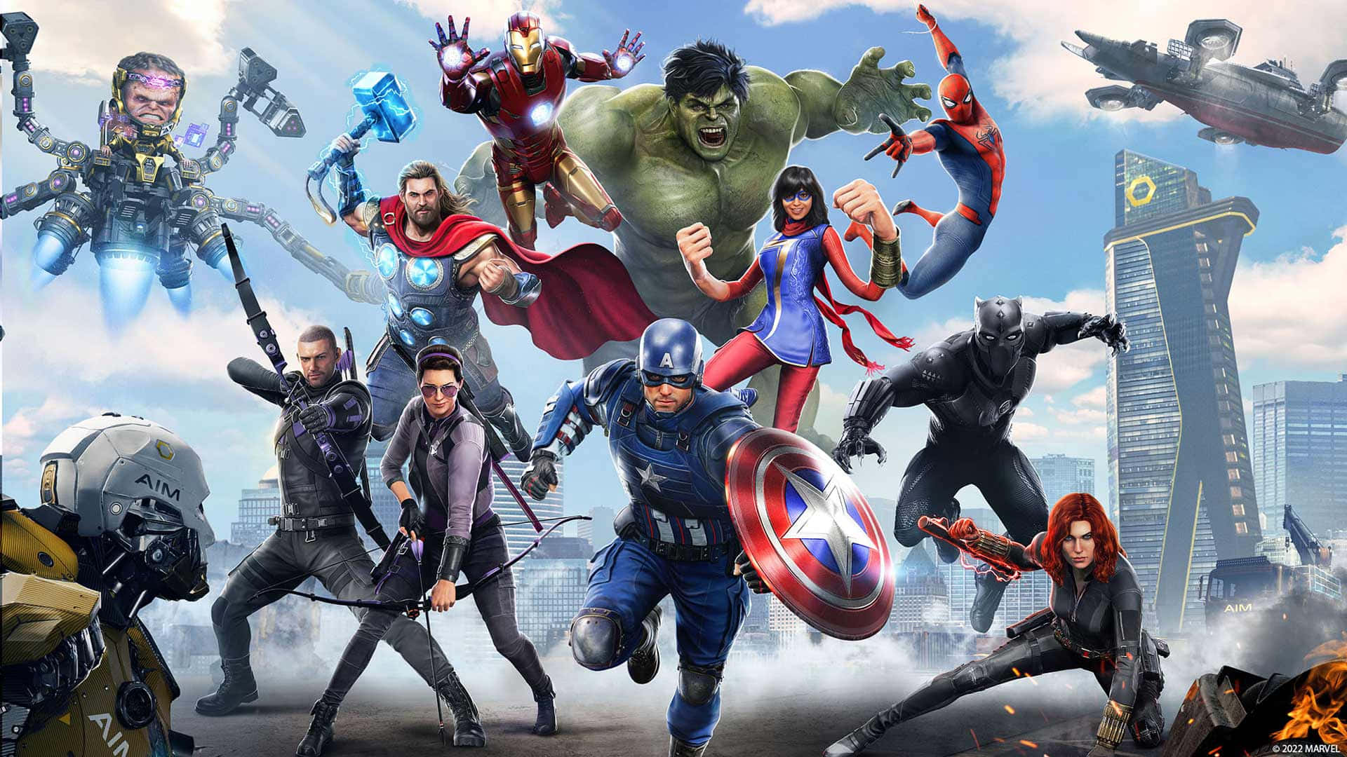 New Avengers 桌布 壁紙 — Marvel超級英雄包括浩克、鋼鐵人和美國隊長在城市景觀中對著明亮的天空動態擺姿勢。