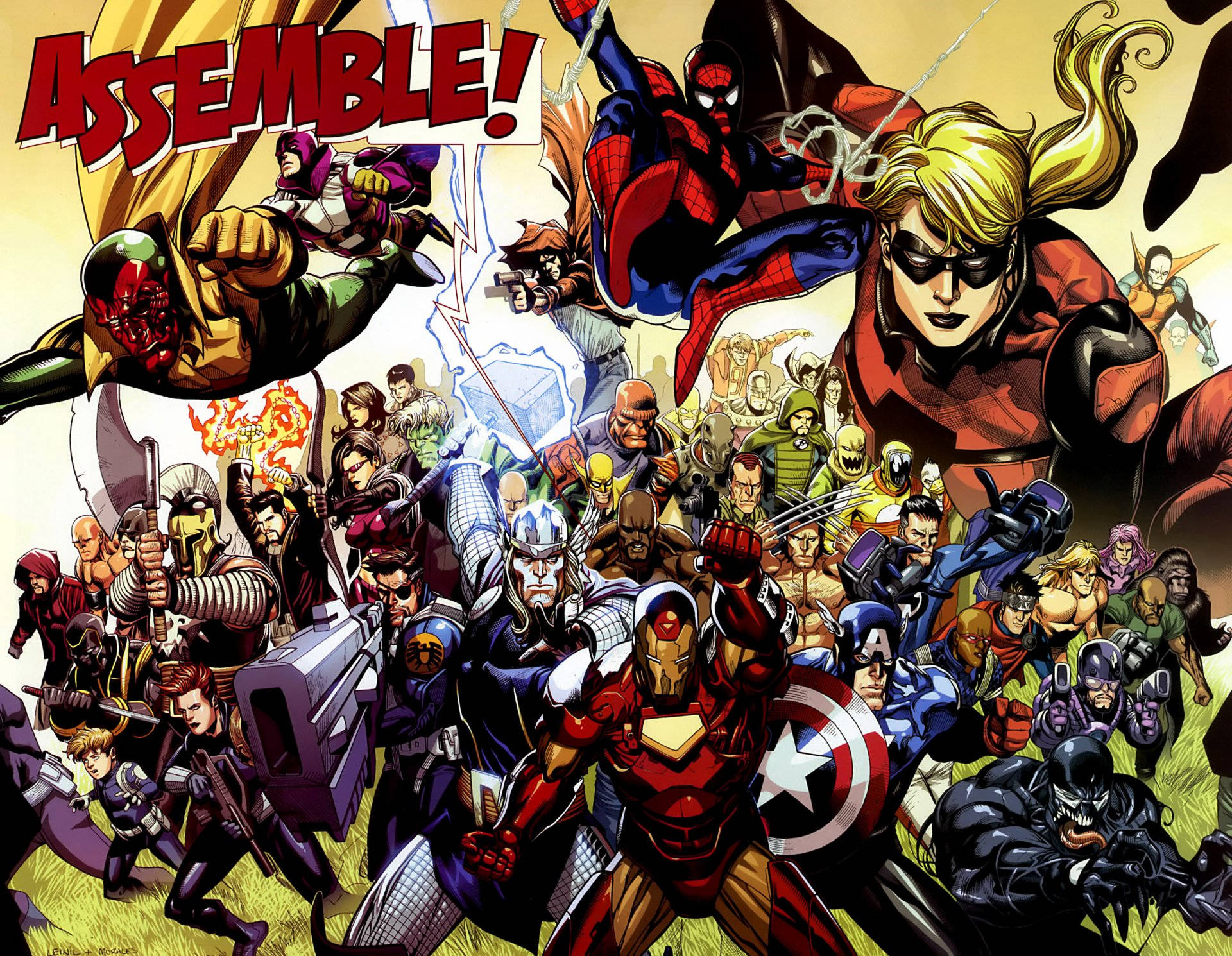 Assemble 桌布 壁紙 — Marvel超級英雄與反派集結戰鬥的動態漫畫插圖，帶有「ASSEMBLE!」文字。