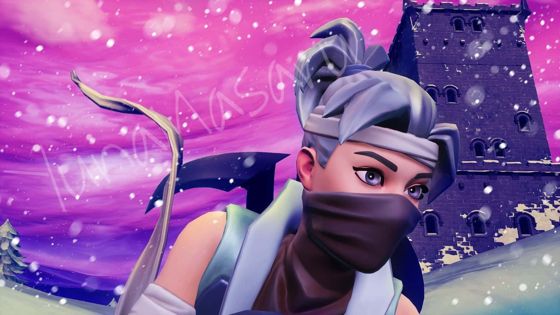 穿著冬季服裝的動漫角色，背景有城堡，紫色天空。 — Fortnite 壁紙