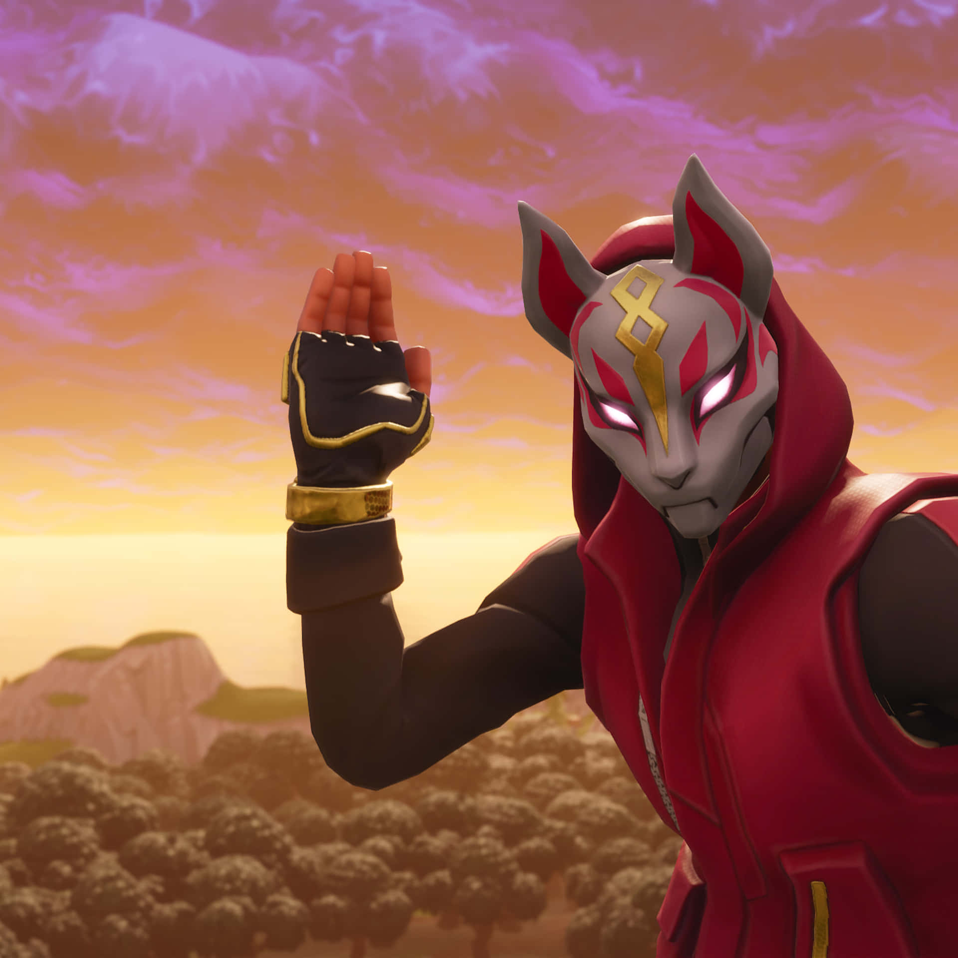 戴狐狸面具、穿紅色裝備的角色在夕陽下的岩石地形上揮手。 — Fortnite 壁紙