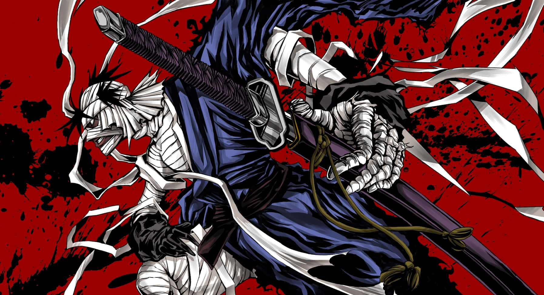  壁紙 — 一名戴面具的武士戰士身穿藍白鎧甲，握著武士刀，背景是鮮紅色的飛濺圖案。