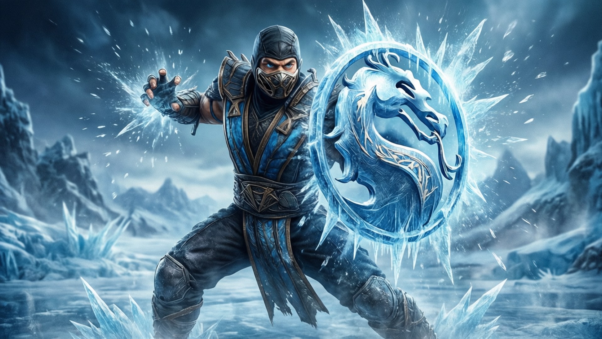 Mortal Kombat X 桌布 壁紙 — 一名身穿藍色盔甲的蒙面戰士站在冰封的荒原上，揮舞著冰魔法和發光的龍徽章。