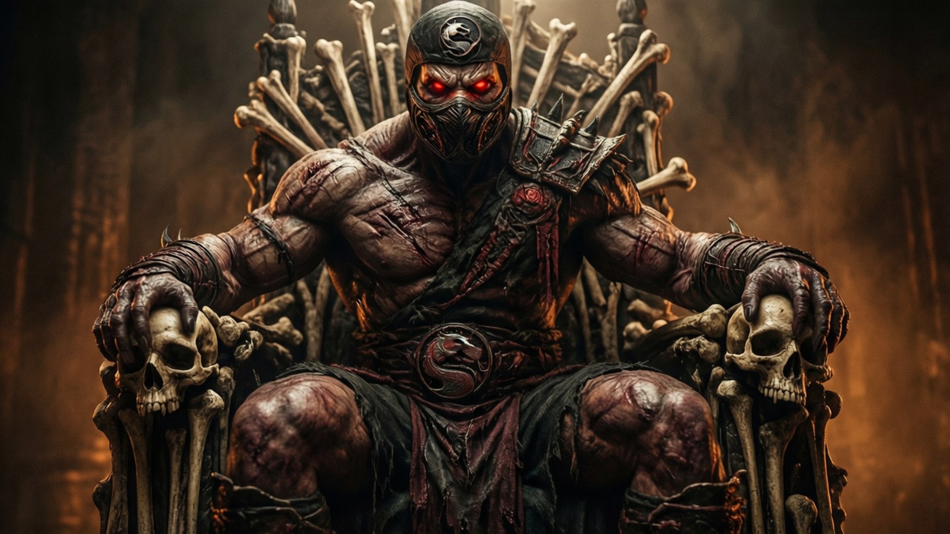 Mortal Kombat X 桌布 壁紙 — 一個肌肉發達、戴著面具的戰士，雙眼發出紅光，威嚇地坐在由骨頭製成的王座上，雙手各持一個頭骨。