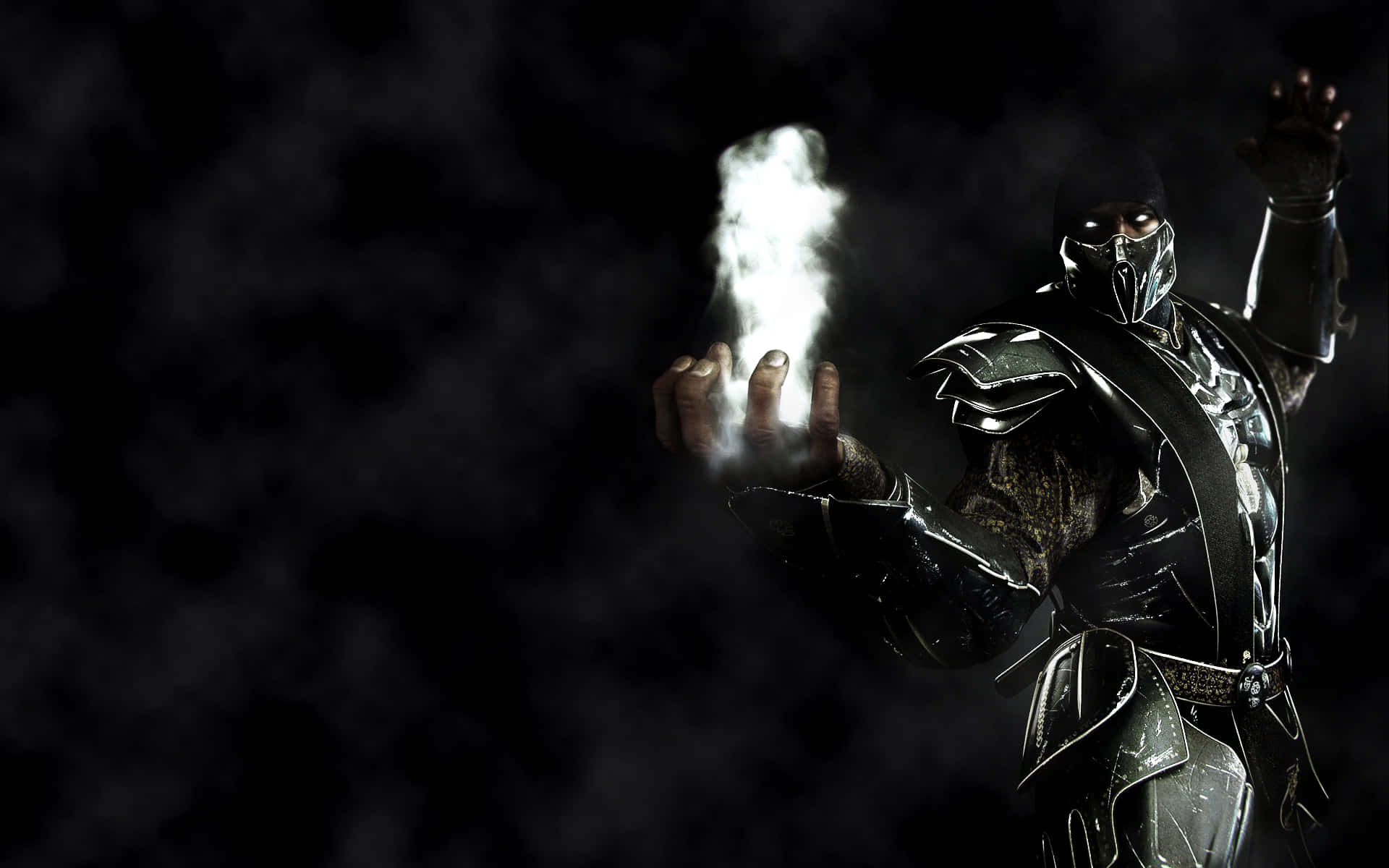 Mortal Kombat Noob Saibot 桌布 壁紙 — 一個戴面具的戰士穿著黑色盔甲，雙手釋放出發光的白色能量，背景是煙霧瀰漫的黑色。