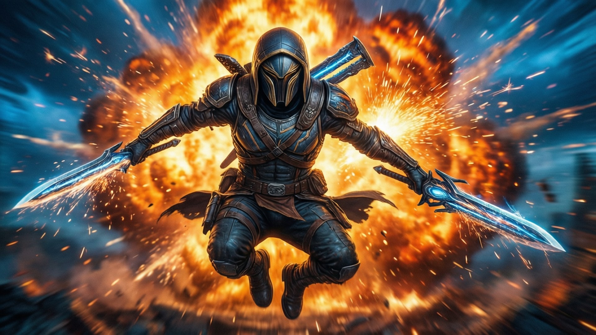 Halo Arbiter 桌布 壁紙 — 一名戴面具的戰士在空中躍起，揮舞兩把發光的劍，背景是熾熱的爆炸。