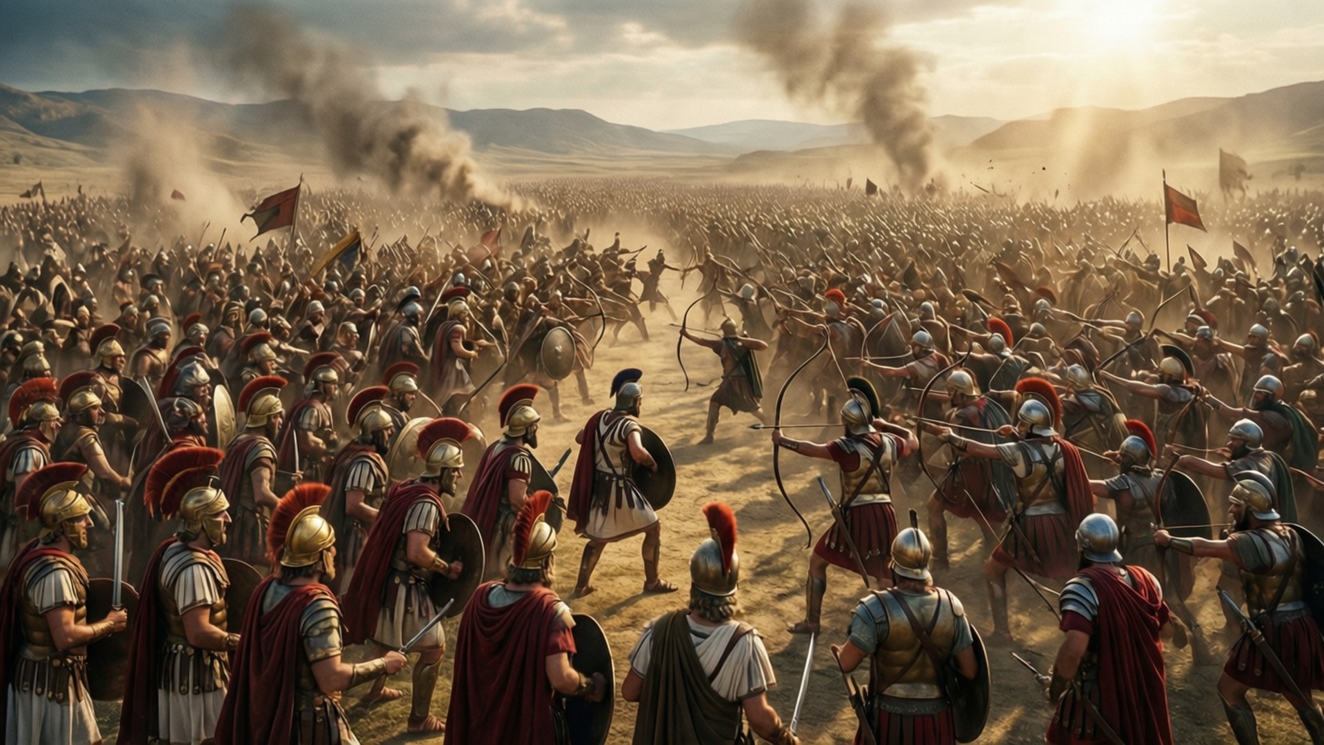 Age Of Empires 桌布 壁紙 — 大規模古代軍隊在塵土飛揚的戰場上於金色夕陽下交戰，煙霧升騰，戰士身穿紅色和青銅盔甲。