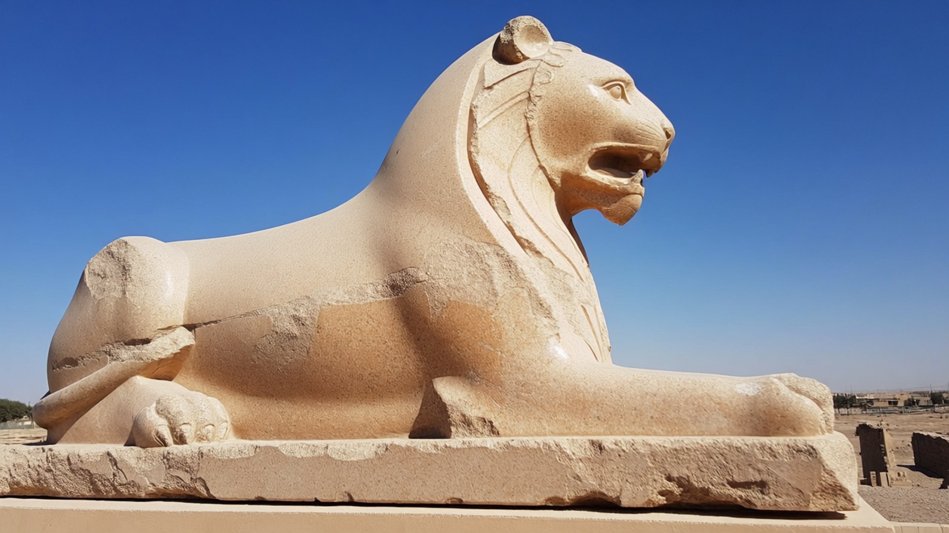 Lion of Babylon 壁紙 — 一座巨大的古代石獅身人面像在沙漠景觀中，在晴朗的藍天下威嚴地躺臥。