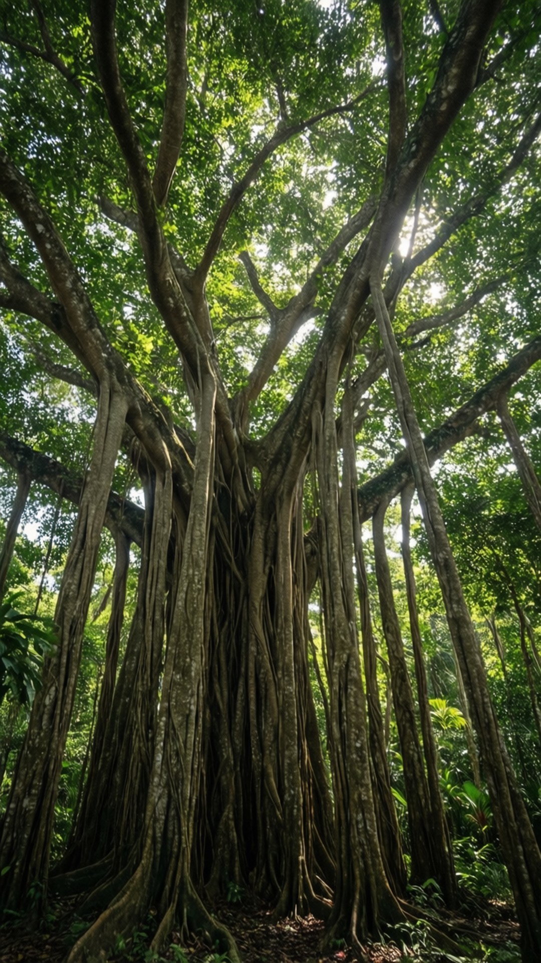 Banyan Tree Canopy 壁紙 — 一棵巨大的榕樹，有著粗壯的氣根和茂密的綠色樹冠，聳立在斑駁陽光照耀的森林地面上。