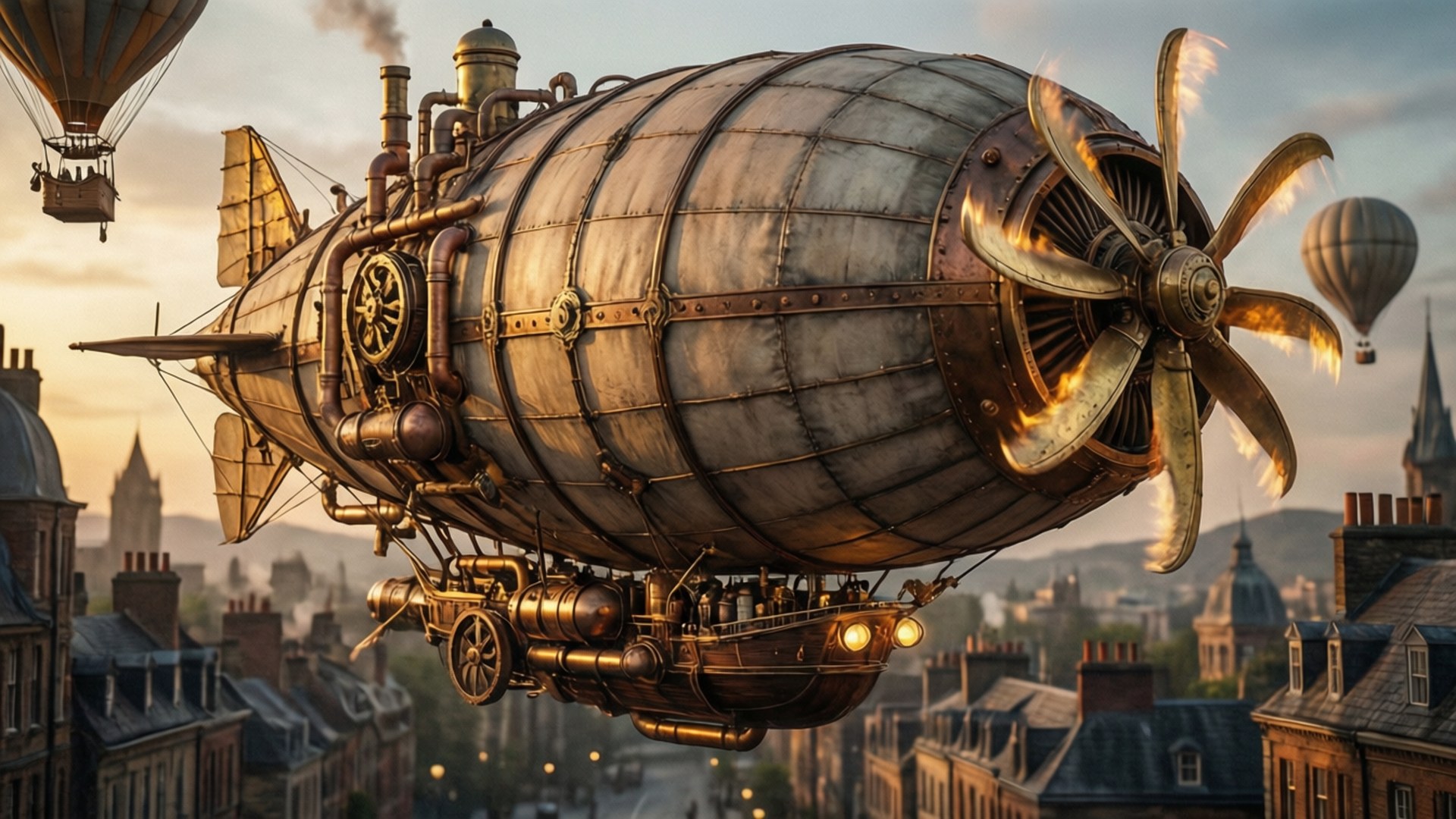 Steampunk Airship at Dusk 壁紙 — 一艘巨大的黃銅和鋼鐵蒸汽飛船，帶著發光的螺旋槳，在黃金時段翱翔於歷史城市景觀之上。