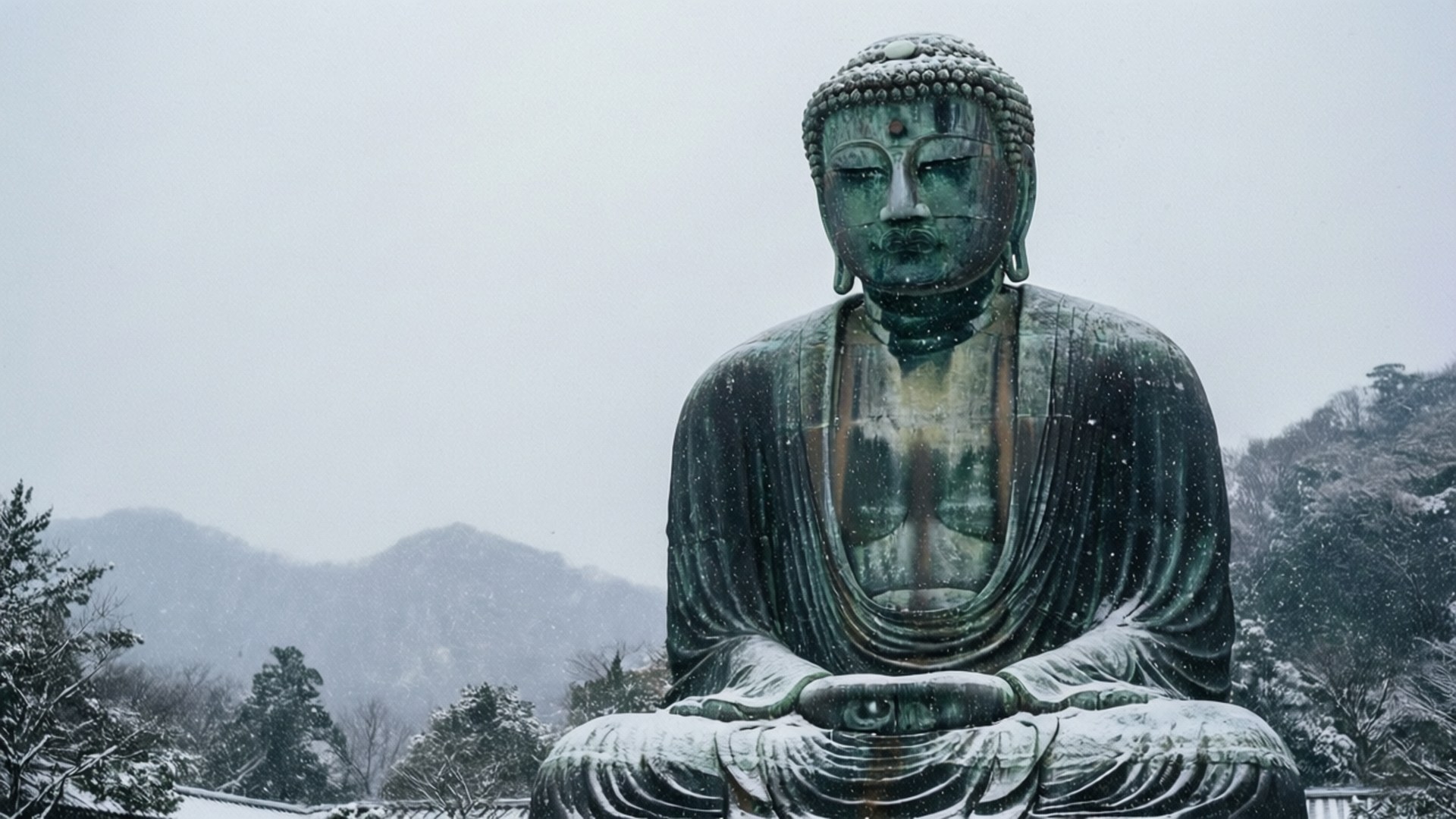Snowy Buddha Winter 壁紙 — 一尊巨大的銅製佛像安然坐在雪中，背後是霧氣繚繞的山巒。