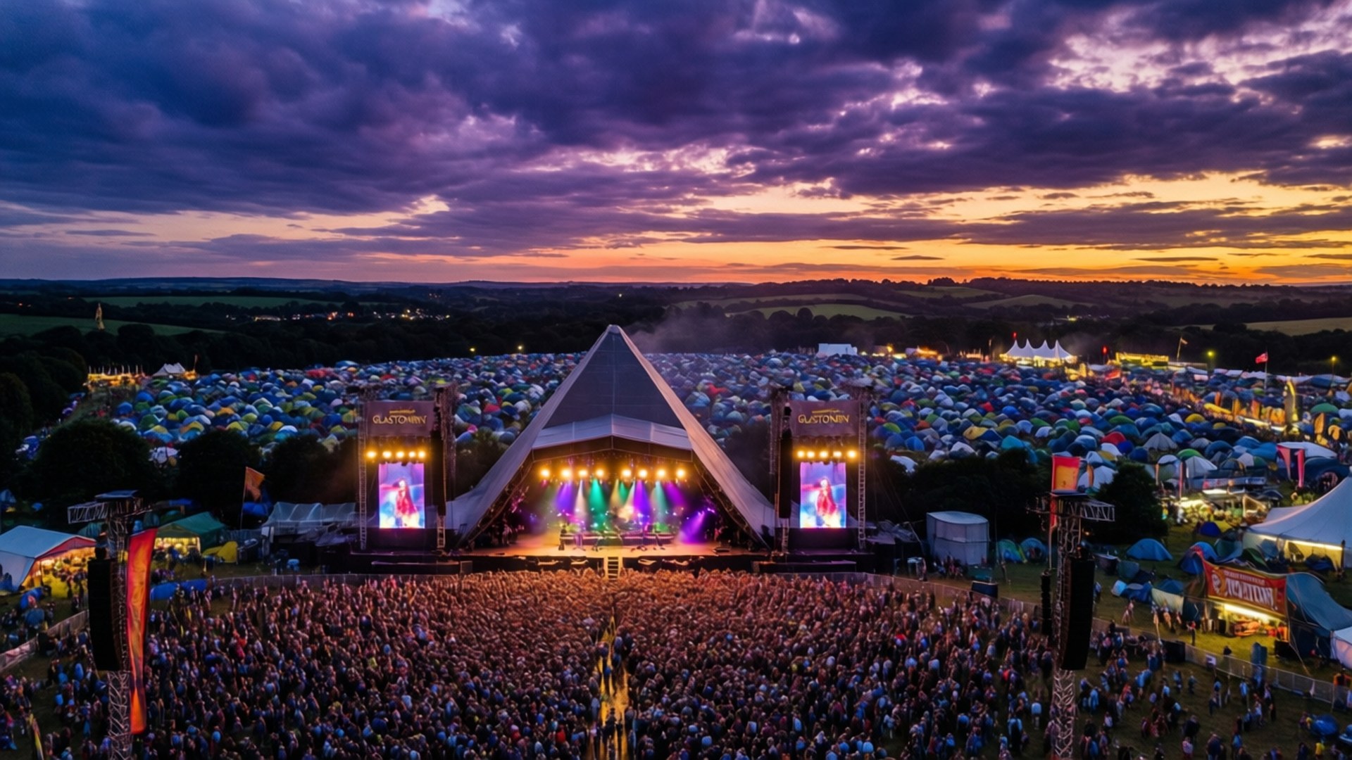 Glastonbury Festival 桌布 壁紙 — 一大群人在戲劇性的紫色和橙色日落天空下聚集在音樂節。