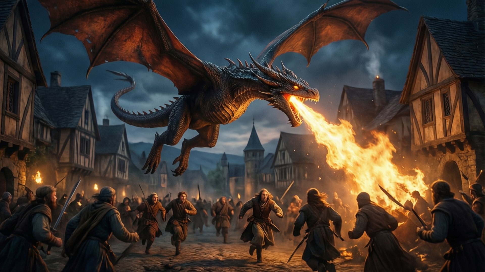 Dragon's Revenge 壁紙 — 一隻擁有發光眼睛和火焰呼吸的巨龍襲擊中世紀村莊，村民驚恐地穿過鵝卵石街道逃命。