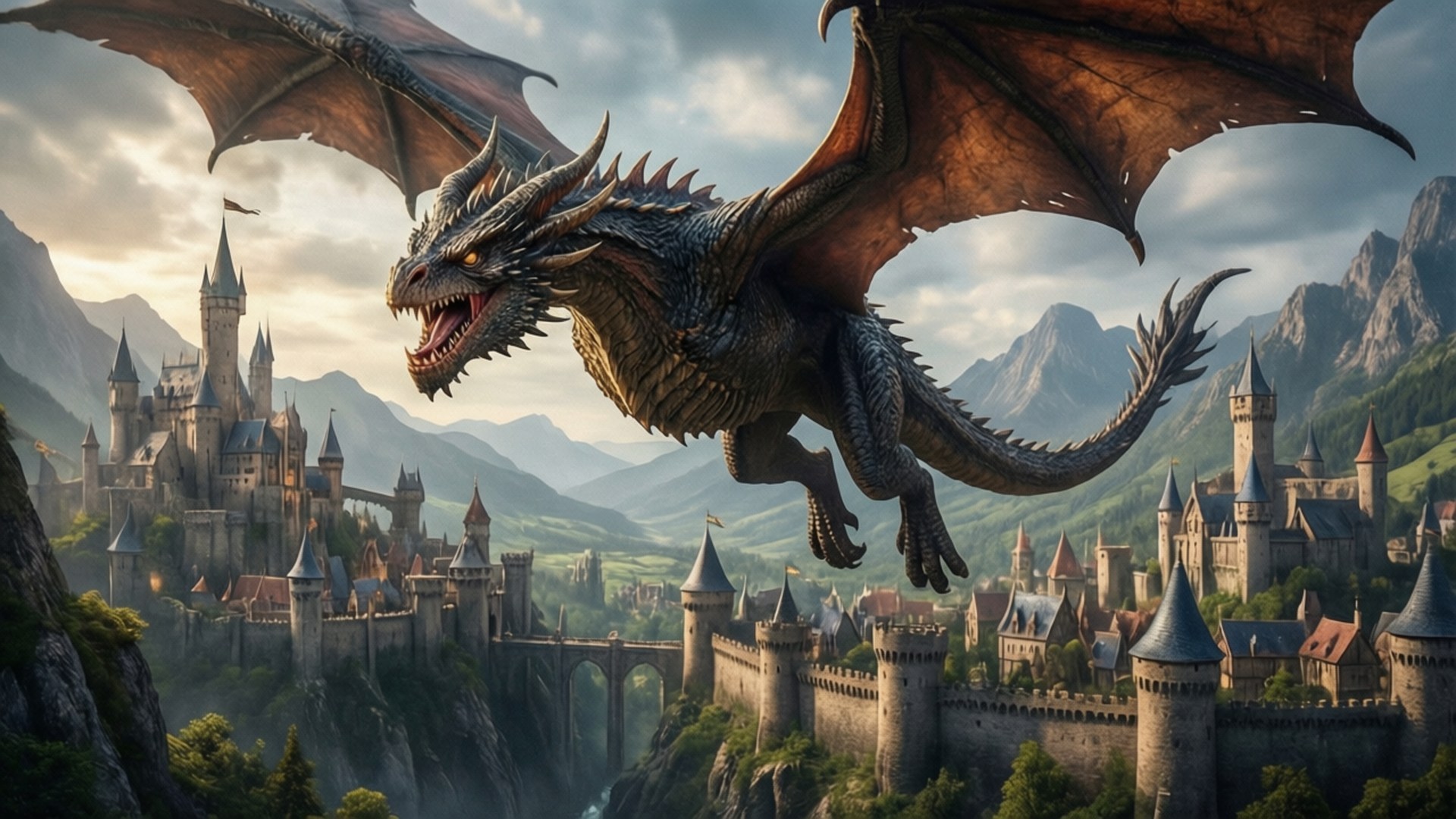 Dragon Realm 壁紙 — 一隻擁有皮革翅膀的巨大龍在霧氣繚繞的山谷中翱翔，俯瞰著一座廣闊的中世紀城堡。