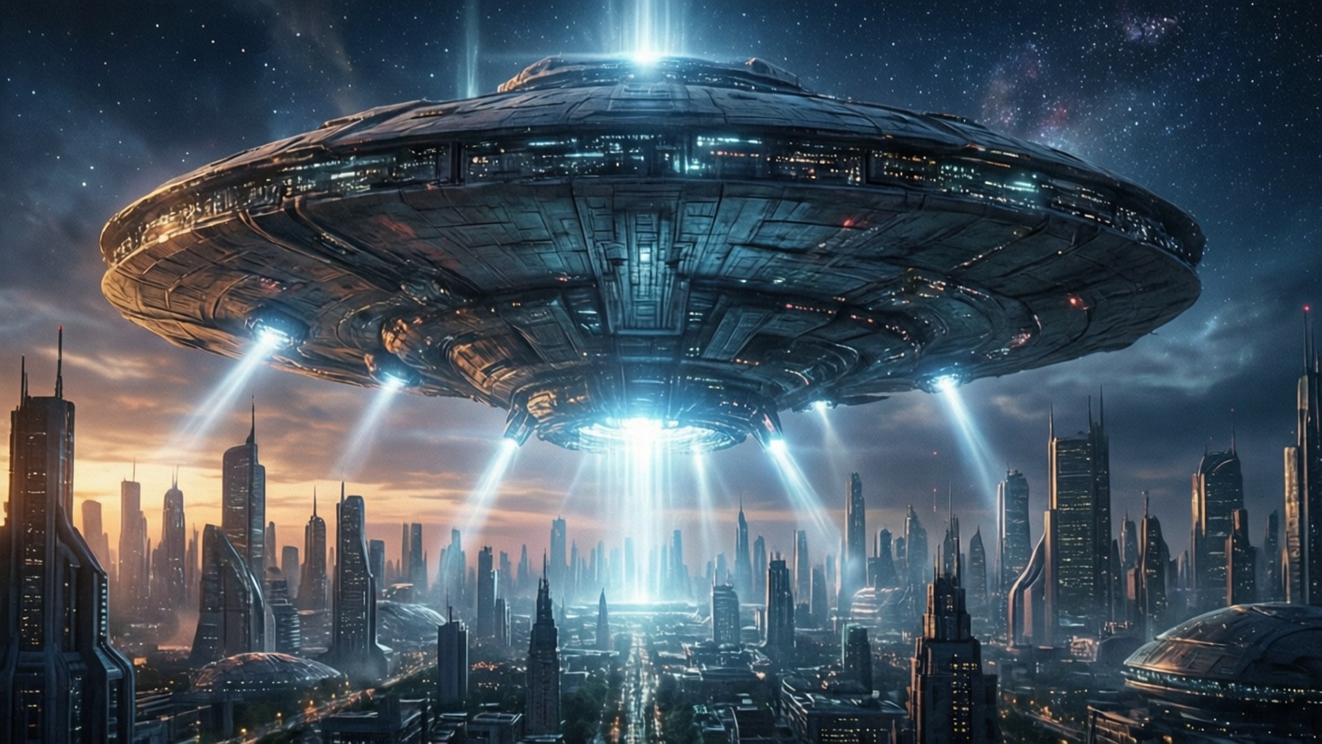 Mothership Over City 壁紙 — 一艘巨大的未來飛碟船在黃昏時分盤旋在廣闊的科幻城市景觀上空，向下投射出明亮的光束。
