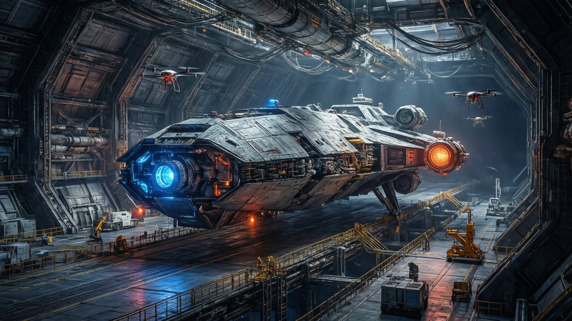 Space Station Dock 壁紙 — 一艘巨大的未來主義太空船，帶有發光的藍色和橙色引擎，停放在一個寬敞的工業機庫中，由頭頂燈光照明，周圍環繞著無人機和維護設備。