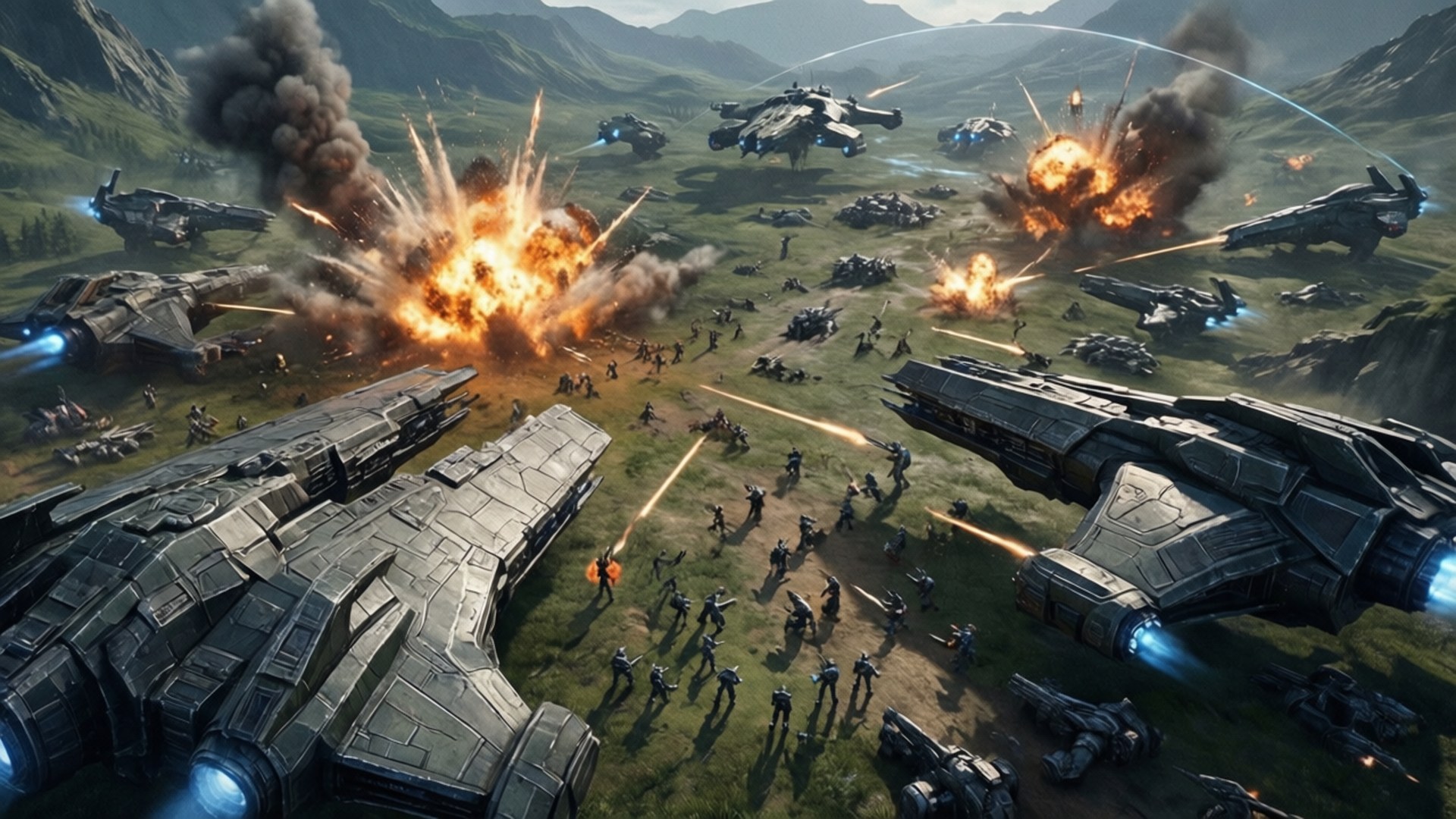 Battlefield Overview 壁紙 — 巨大的未來戰艦和地面部隊在一個多山的山谷中衝突，伴隨著熾熱的爆炸和雷射射擊。