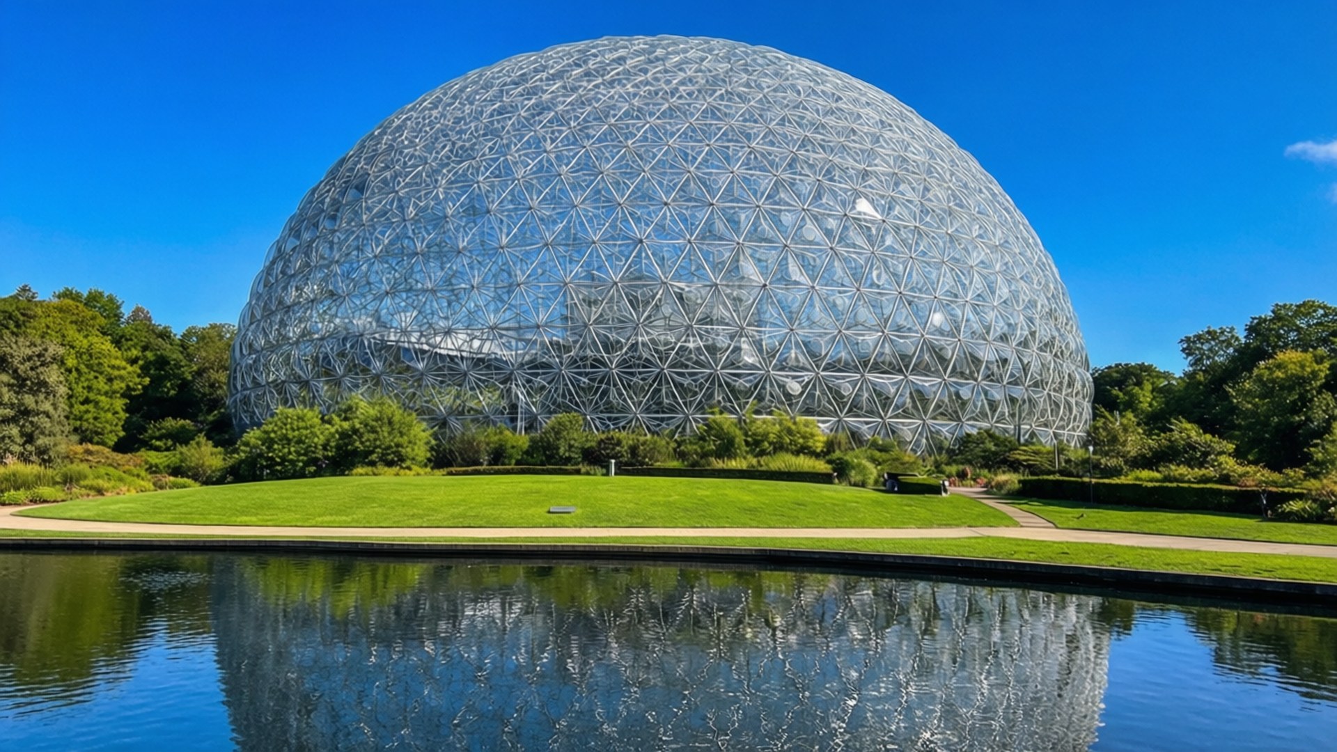 Biosphere Dome Reflection 壁紙 — 一個巨大的測地線穹頂，帶有玻璃和金屬框架，倒映在平靜的水面上，周圍是綠草和樹木，在清澈的藍天下。