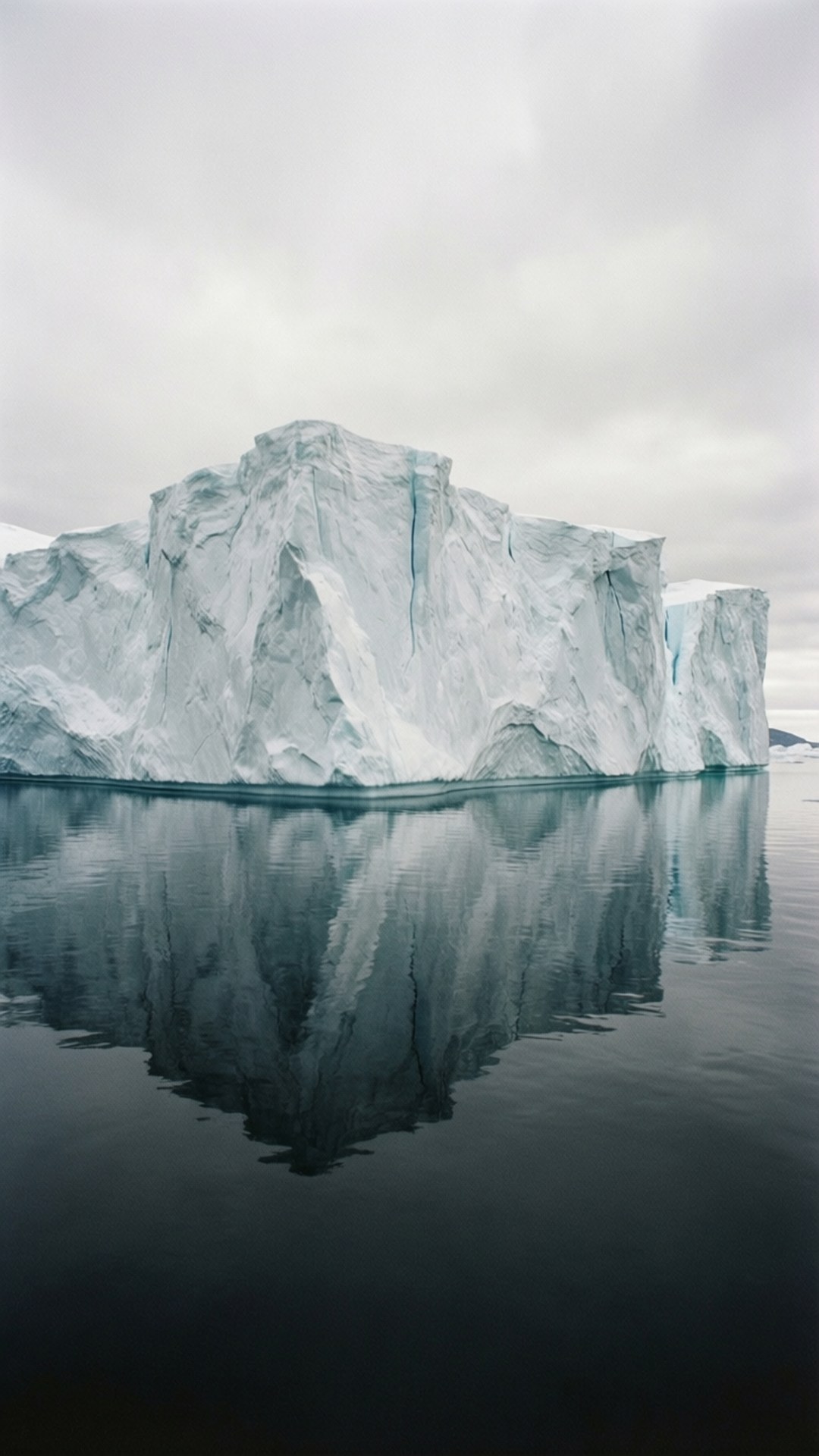 Tabular Iceberg Reflection 壁紙 — 一座巨大的冰山，帶有鋸齒狀的白色和藍色冰塔，聳立在平靜的深色水面上，天空多雲。
