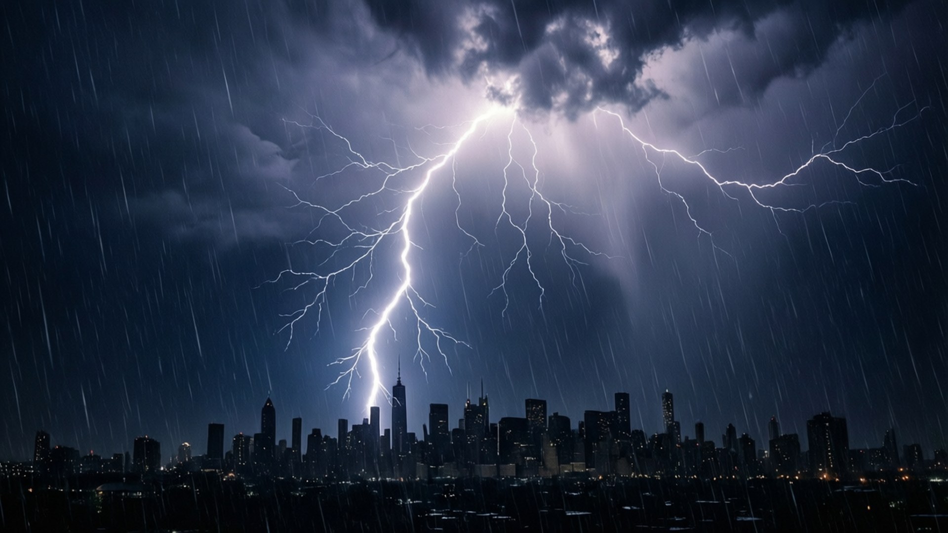 City Lightning Strike 壁紙 — 一道巨大的閃電劃破黑暗的暴風雲，籠罩在雨濕的城市天際線之上，夜晚。