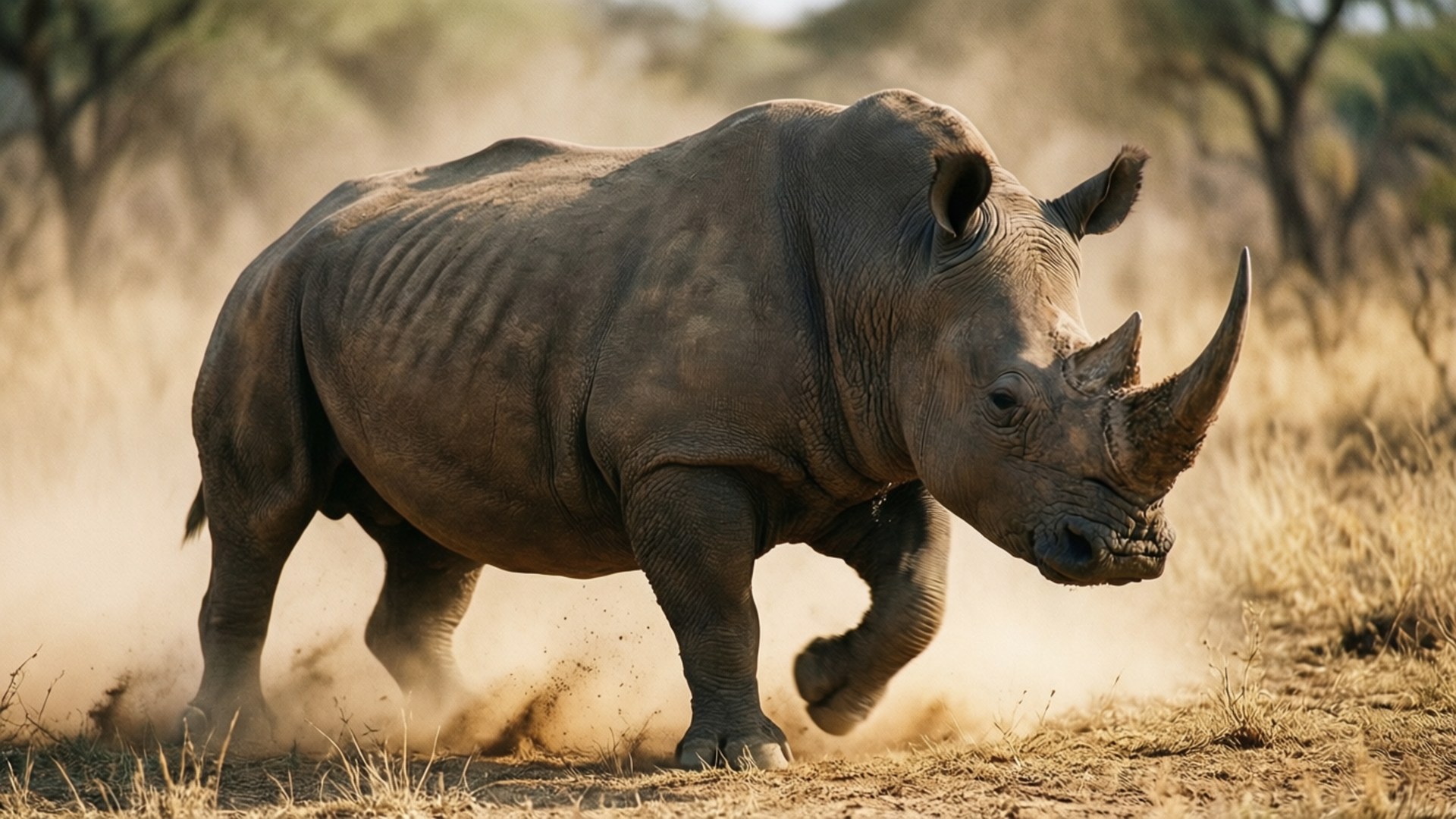 Charging Rhino Action 壁紙 — 一頭巨大的犀牛在陽光明媚的非洲稀樹草原上，強而有力地穿過乾草，揚起灰塵。