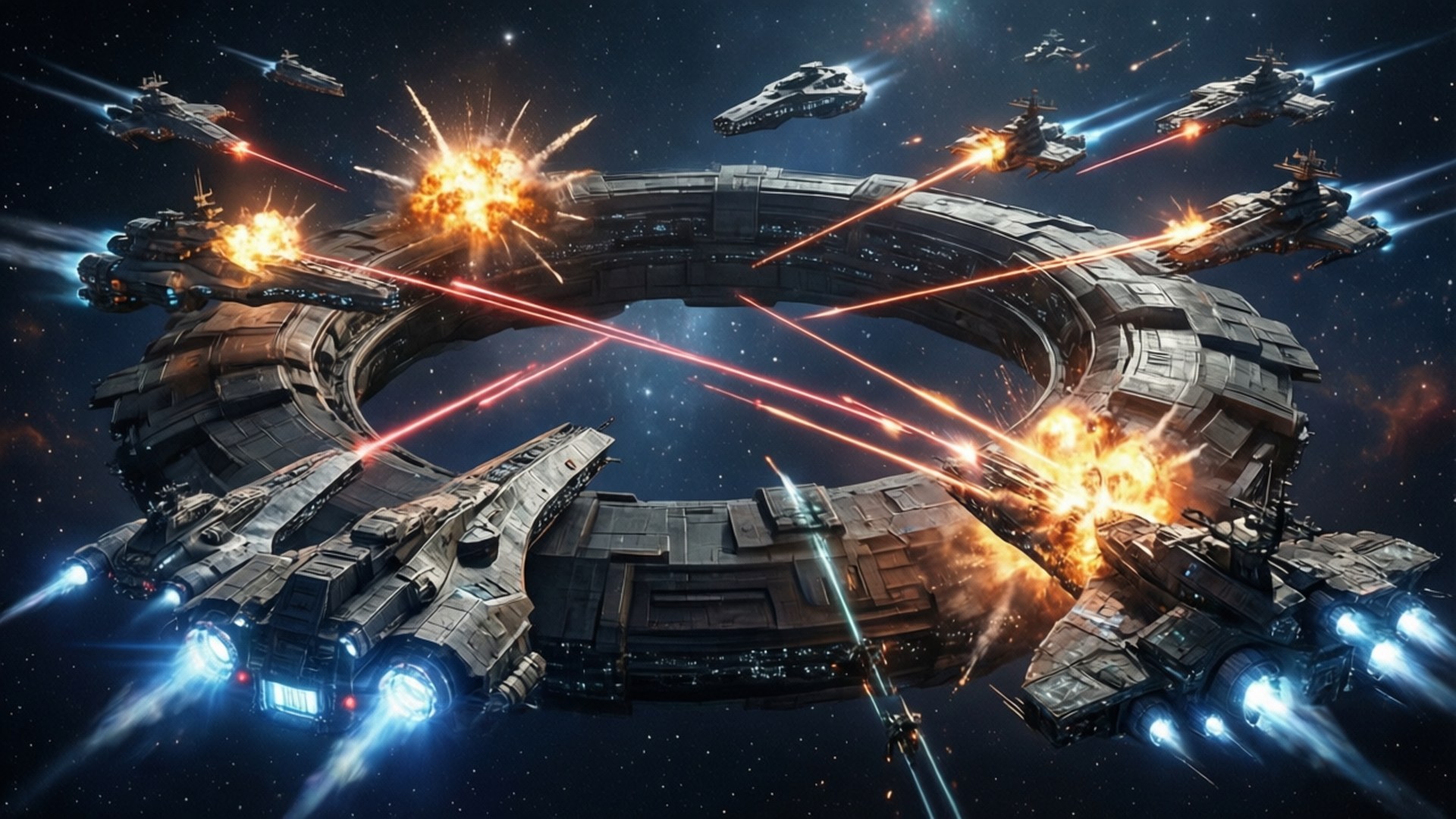 Ring Space Battle 壁紙 — 一個巨大的環形太空站，被軍艦圍攻，軍艦發射紅色雷射，在深空中引起熾熱爆炸。
