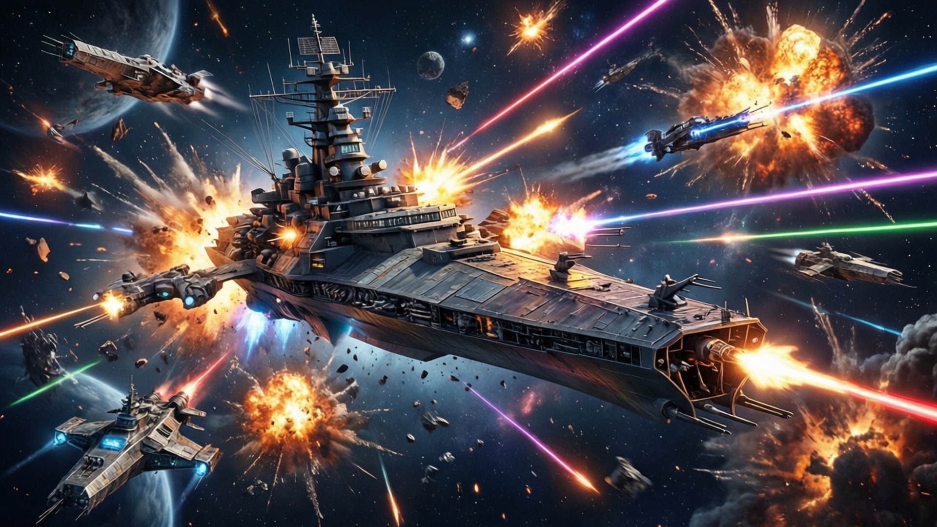 Space Battle Fury 壁紙 — 一艘巨大的戰艦在星空中與敵方戰鬥機交戰，伴隨著爆炸和五彩繽紛的雷射火力。