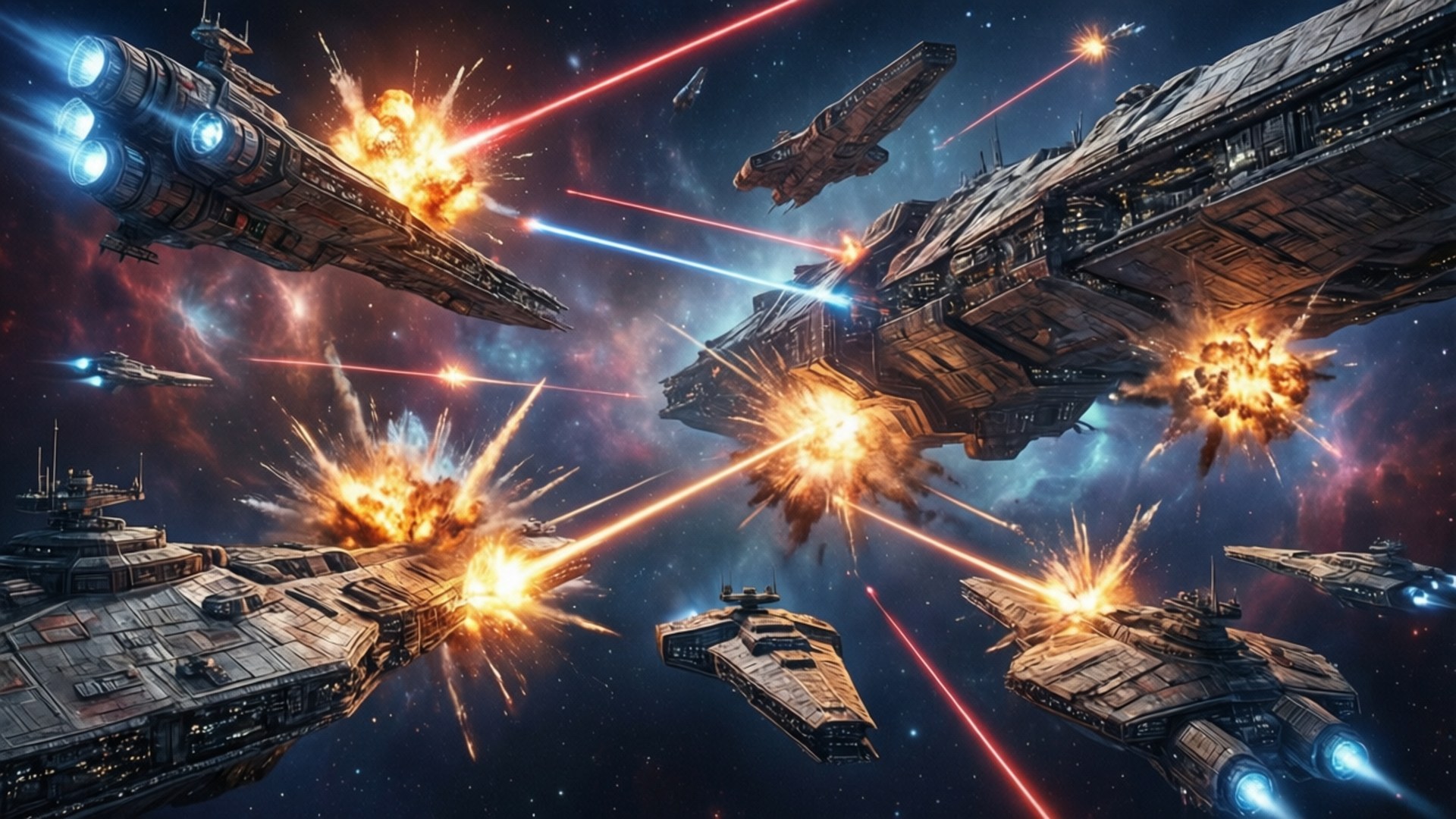 Epic Space Battle 壁紙 — 巨大的戰艦在充滿活力的星雲中交戰，發射雷射並在繁星點點的宇宙背景下猛烈爆炸。