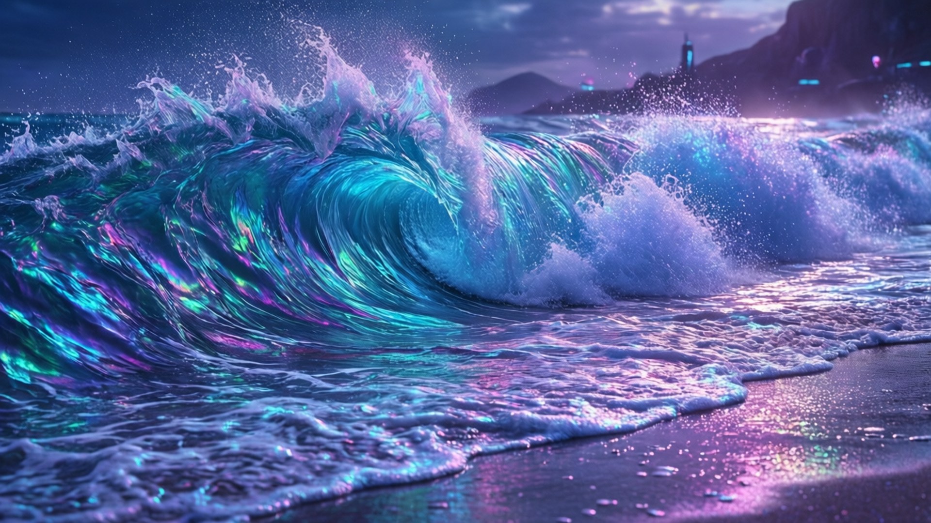 Holographic Neon Ocean 壁紙 — 巨大的波浪捲起，帶有虹彩藍色和紫色色調，在暮色天空下衝擊濕漉漉的海岸。